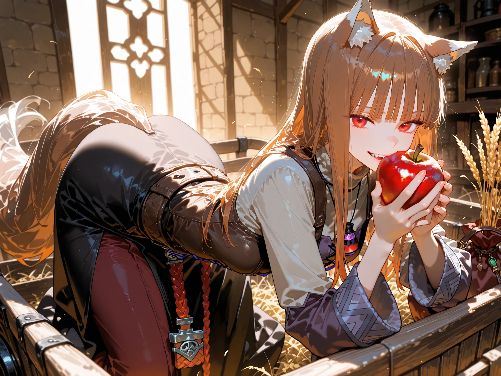(masterpiece, detailed:1.2),(High CT quality,4k,High resolution,main piece:2.3),Very detailed,Realistic:1.37,Best quality,masterpiece, high resolution,on_body, Tyndall effect,photorealistic, Edge lighting, Two-color lighting,(high definition skin:2.3), (8K UHD, DSLR quality, soft lighting, high quality, surround lighting, sincere, de 8K , 4K, 8K.) Character, Holo, red eyes, bangs, blunt bangs, sidelocks, animal ears, wolf ears, wolf tail, brown hair, long hair. Long medieval  dress, long sleeves, leather vest,belt with purse. She smiles slyly. She holds out an apple. She bite red apple. On the background : blue sky, a farmer's field where golden rye grows.  Cornflowers and daisies are in bloom.