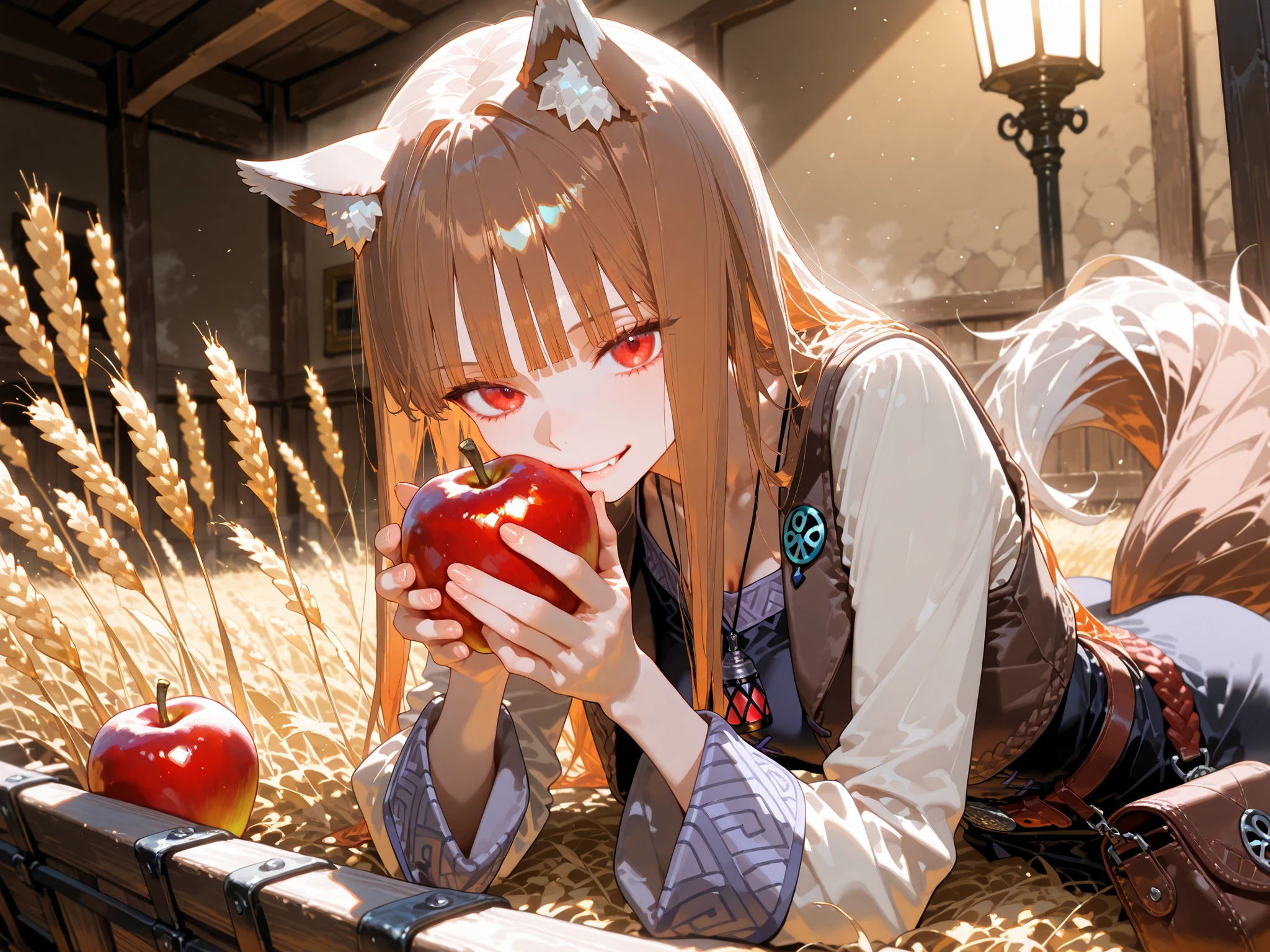 (masterpiece, detailed:1.2),(High CT quality,4k,High resolution,main piece:2.3),Very detailed,Realistic:1.37,Best quality,masterpiece, high resolution,on_body, Tyndall effect,photorealistic, Edge lighting, Two-color lighting,(high definition skin:2.3), (8K UHD, DSLR quality, soft lighting, high quality, surround lighting, sincere, de 8K , 4K, 8K.) Character, Holo, red eyes, bangs, blunt bangs, sidelocks, animal ears, wolf ears, wolf tail, brown hair, long hair. Long medieval  dress, long sleeves, leather vest,belt with purse. She smiles slyly. She holds out an apple. She bite red apple. On the background : blue sky, a farmer's field where golden rye grows.  Cornflowers and daisies are in bloom.