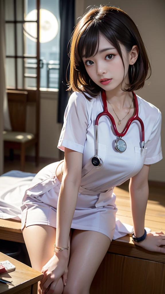 sfw:1.5、(((Wearing a white coat)))、(((Nurse Costume)))、フォトリアリスティックな美しいnurse、((1 female))、masterpiece、nurse, (highest quality、8K、32K、masterpiece)、(Photoreal:1.3)、Raw photo, detailed face,,beautiful hair,skin that looks real、 ((nurseスタイル)), Pixie Cut、small breasts, black tight skirt、 natural makeup、inside hospital, detailed background, perfect lighting, Depth of bounds written, Stethoscope ,exact number of fingers、accurate finger shape