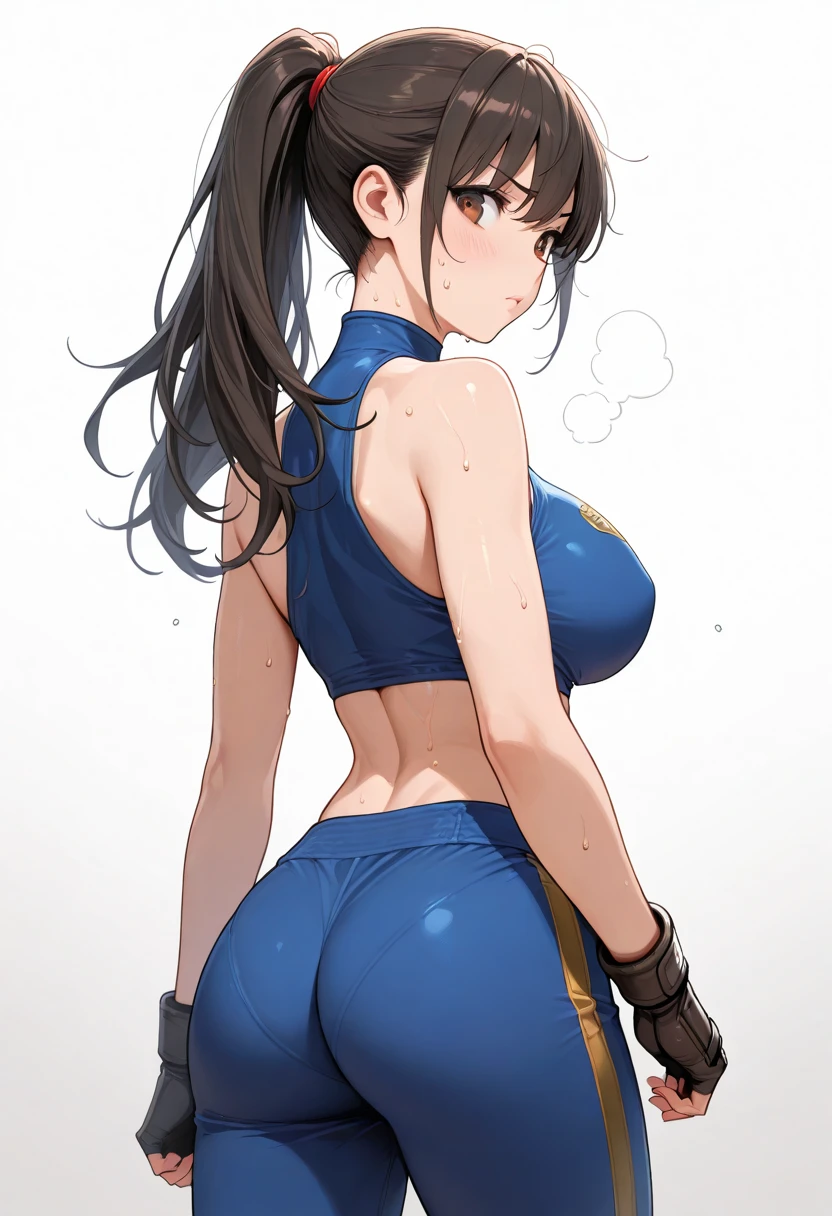 korra, dark skin, dark-skinned female, ponytail, muscular female, nsfw, high quality, detailed, high resolution, Natural Volumetric Lighting And Best Shadows, (Juicy Ass POV:1.1), Deep Depth Of Field, Sharp Focus, Portrait Of Korra, Korra, Soft Delicate Beautiful Attractive Face With Alluring blue Eyes, Lovely Medium Small Breasts, Thick Eyebrows, From Behind, Looking Back, Lustful Stare, Smile, Windswept Disheveled dark brown Hair, Thick Layered Long ponytail Hairstyles, Blush Eyeshadow With Thick Eyelashes, looking at viewer, crossed arms, ponytail, hair tubes, sleeveless, bare shoulders, (nsfw) 