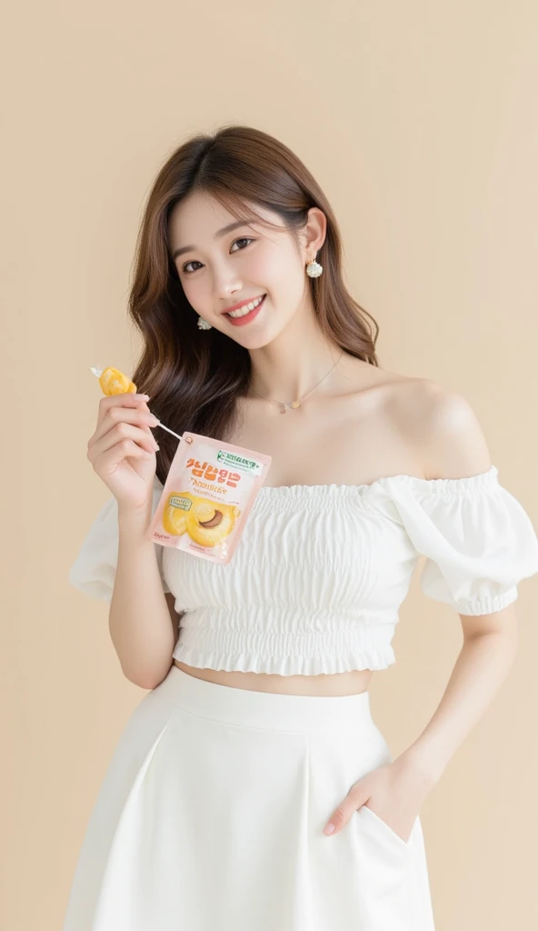 1. For women, Beautiful female model holding a banana, Wearing a white shirt, The model's skin is healthy and clear, Banana commercial photo, Clean atmosphere, In the Studio, Photographed with a Hasselblad camera, Medium format, Dramatic lighting