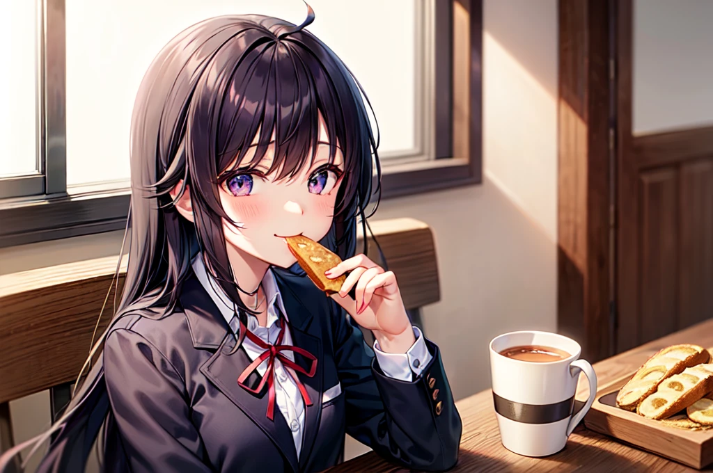In one girl、fun、High school blazer with popular design、shirt、pleated skirt、white skirt、(small breasts ) restaurant ,short hair, black eyes, happy, sitting in fron of me in a chair while she is eating