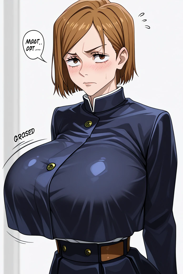 Jujutsu Kaisen,Nobara Kugisaki , woman,(Highest quality, 4K, 8k, High resolution, masterpiece:1.2), Very detailed, ((alone,)) （（Ahegao））,Drooling,Sticking out tongue、blush、get drunk、Big Breasts、Brown Hair, Brown eyes, short hair, looks at the viewers with a large chest,,上per body, aquashout, shout, Open your mouth, Cry with your eyes open,上per body, Ahegao