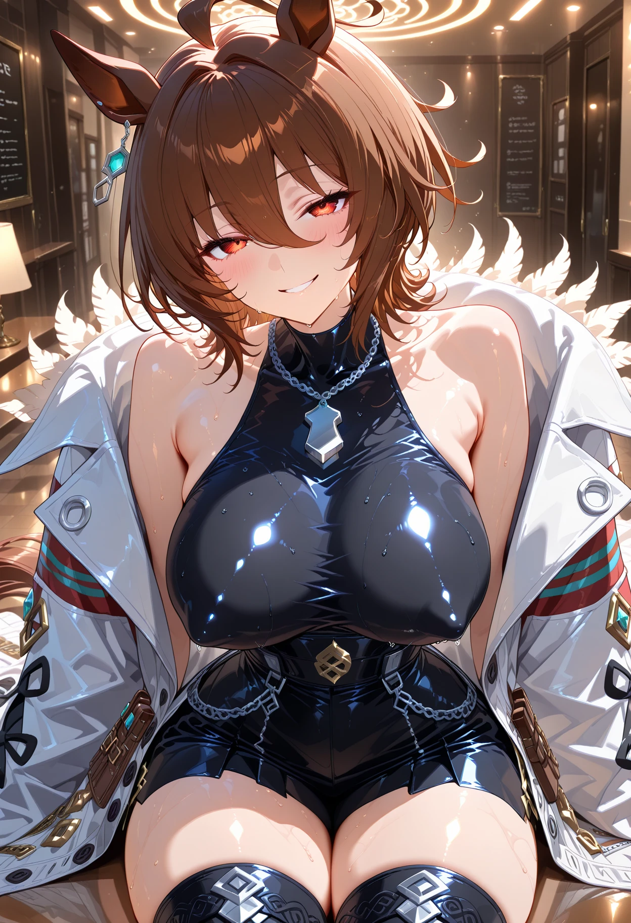 Female office staff,(Brown hair tied up), (((Large cleavage))), ((Plump body)), ((crispy breasts)), (Hair detailed description), (detailed face description), (Ontology detailed description), Clear and transparent skin, Peerless beauty, long leges,(sticky),harness,((collared shir)),(eye glass),lace underwear big breasts,(Redlip),(seduct smile)