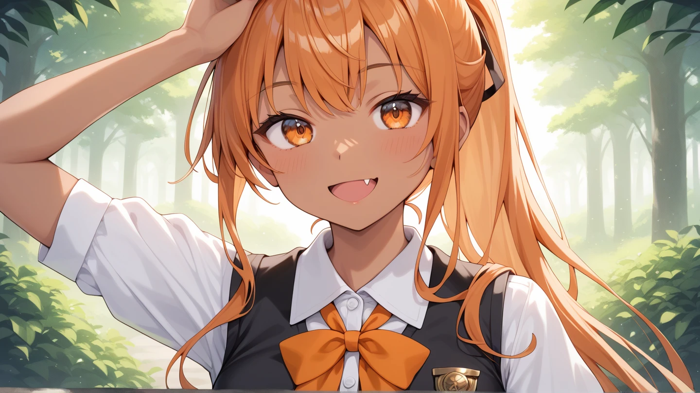 ((masterpiece,best quality)), high resolution, ultra detailed,8k,16k,detailed background, perfect lighting,detailed beautiful eyes, 1girl,solo,embarrassed,blush,steam, heavy breathing,look at viewer,saliva,(naughty smile:1.2),(open mouth,oral,spread mouth:1.3),drivel,oral focus,(from above:1.2),from front, be breathless,show mouth,sweat,fisheye lens,stick tongue out,fair skin,flat chest,(short body,10years old,short legs and arms,slender,short stature:1.3),over size head,classroom,(mayano topgun,orange horse ear,orange long hair,two side up,brown eyes,black ribbon:1.3),pale color