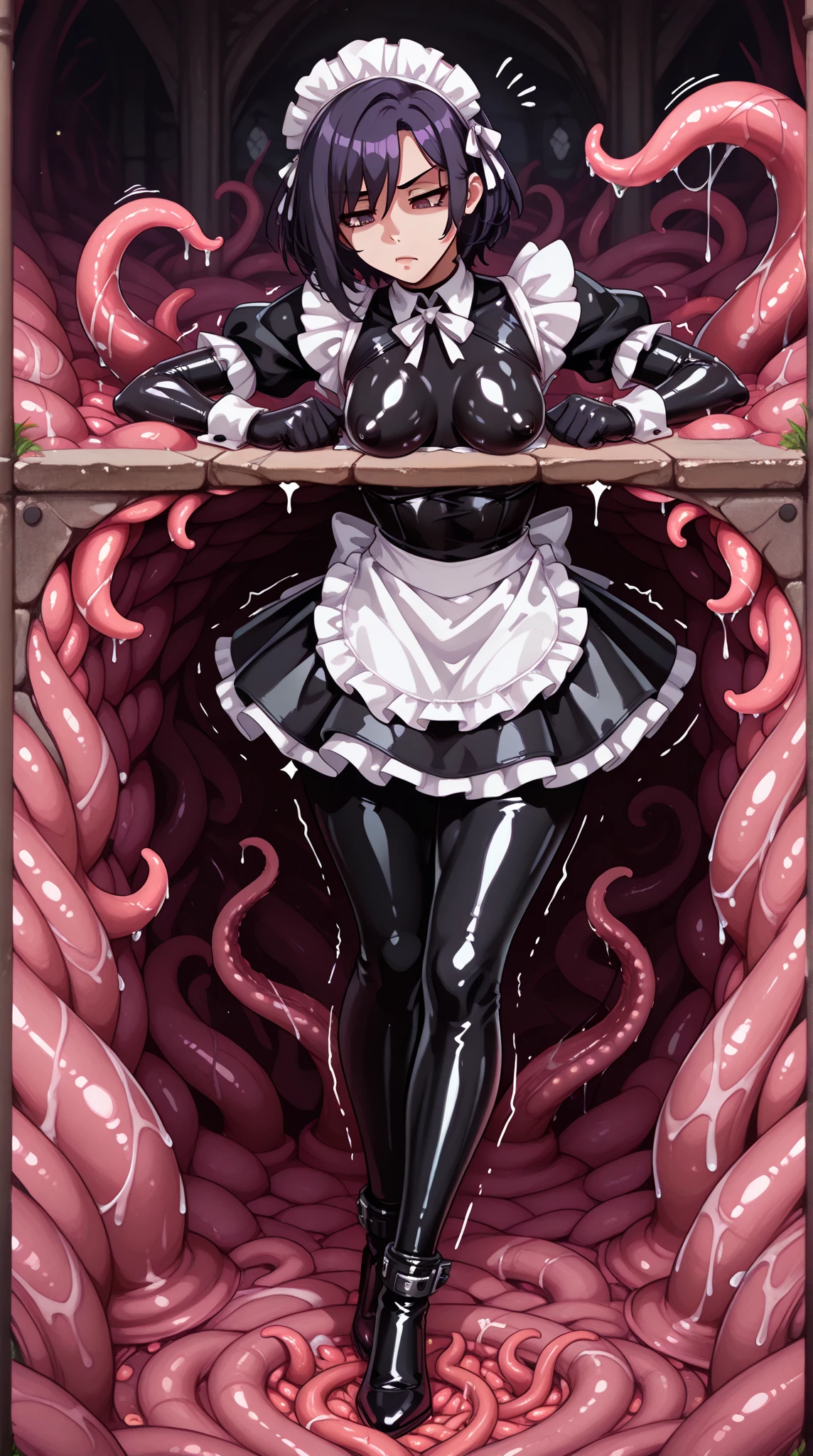 mature female, mature, Adult,((Himeno_CSM)), Himeno(Chainsaw Man), Eye patch, One Girl, solo, chest, Black Hair, look back, back shot, bending forward, short hair, Seductive smile, (sex with octopus), (a large number of tentacles entangled in the body), (a large number of tentacles entangled in the body), (lots of octopus tentacles), (My chest is being massaged by a large number of tentacles), (A sticky pink liquid adheres to the body), Spread my arms, dramatic angle, unique perspective, unique angle, purple lips, masterpiece, Top animation quality,Top image quality,