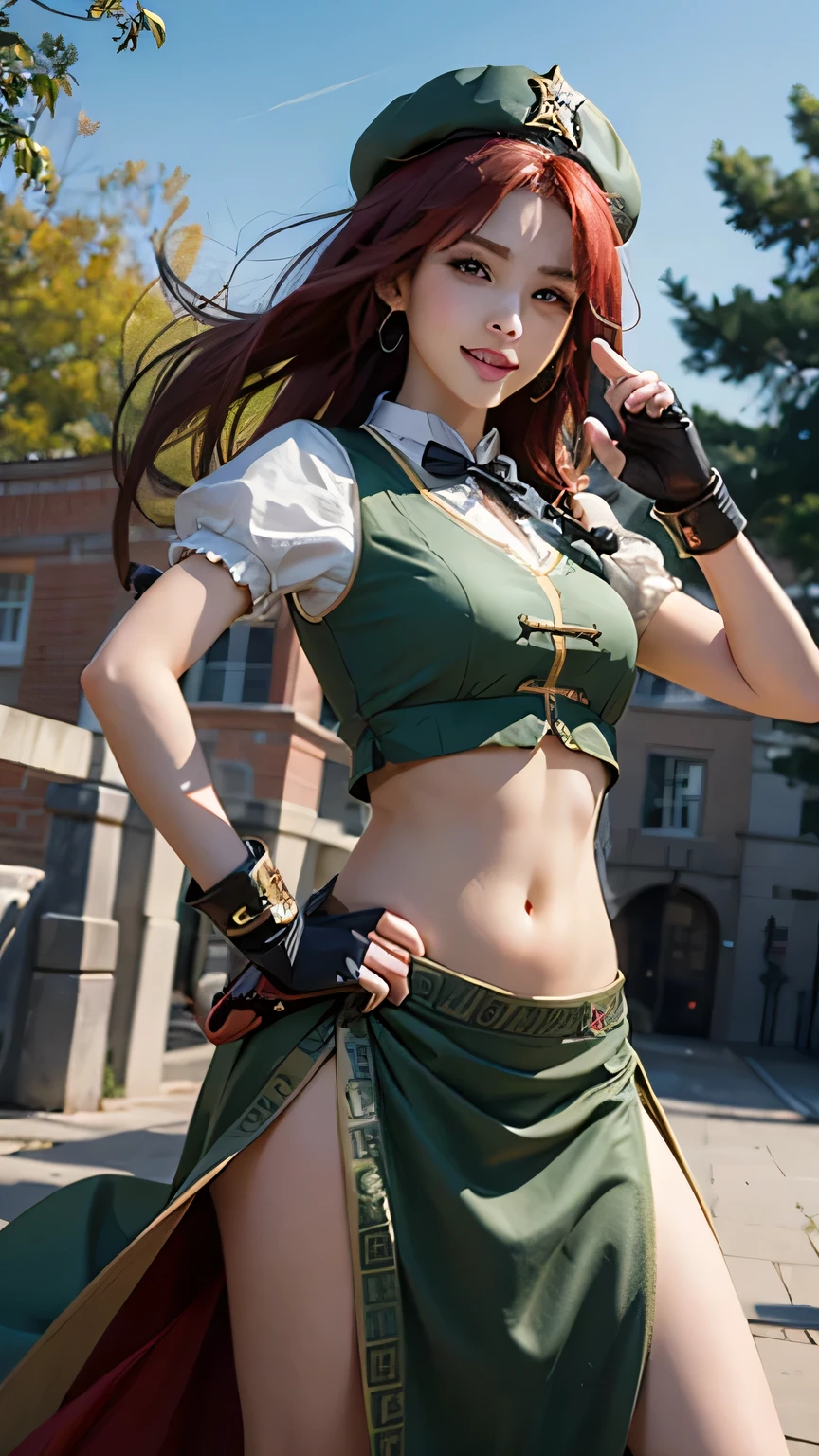 (masterpiece, best quality:1.2), solo, 1girl, hong meiling, ((twin braids)), (long hair), ((wind)), hat, star hat ornament, (green chinese clothes), (green vest), white puffy short sleeves, (black fingerless gloves:1.1), (((navel))), BREAK, ((scarlet devil mansion)), ((gate)), BREAK, (light smile), (((dynamic fighting pose))), (((looking at viewer))), (cowboy shot)