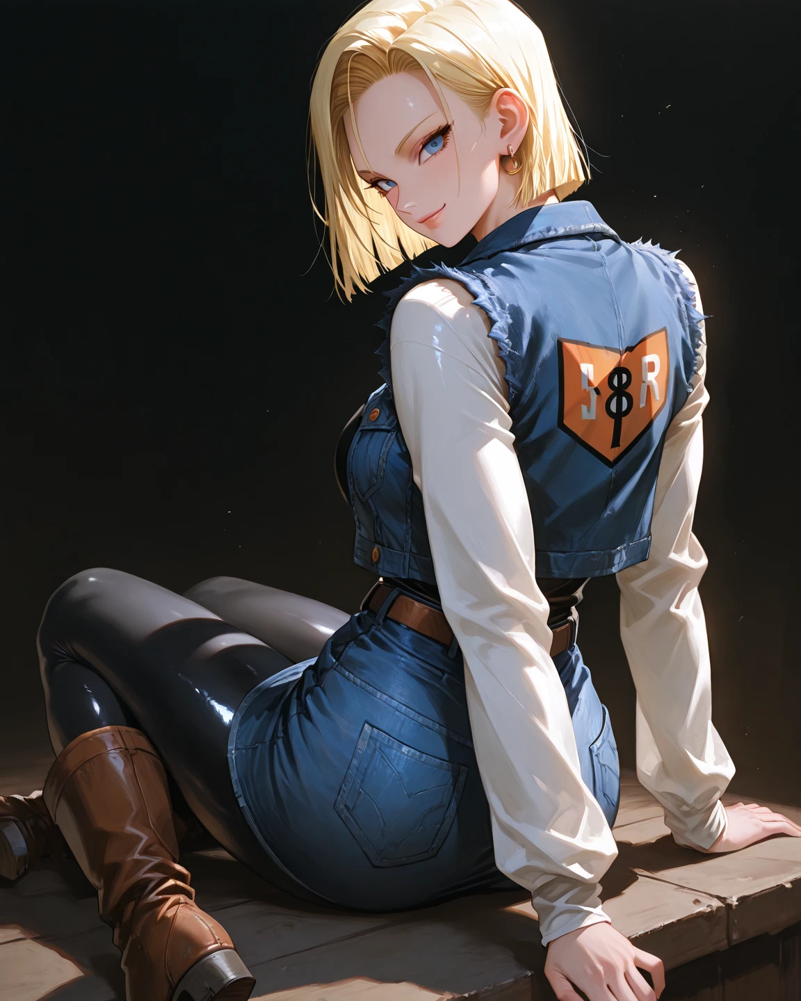 best quality, highres, and18, 1girl, android 18, solo, blonde hair, blue eyes, long hair, earrings, jewelry, denim vest, open vest, black pantyhose, black shirt, denim skirt, striped long sleeves, blue skirt, large breasts, cowboy shot, street, gagged, kidnapped, bound, seated on the floor, full body view, tape gag, tape on the mouth, secured, tight knots