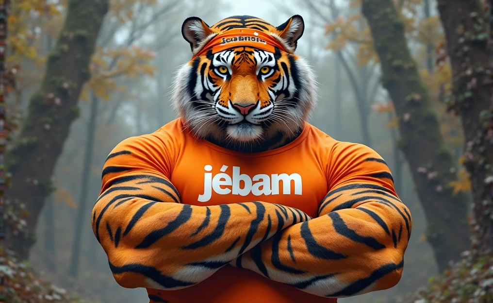 Fat tiger with a t-shirt that says FUAD in capital letters (realistic drawing)