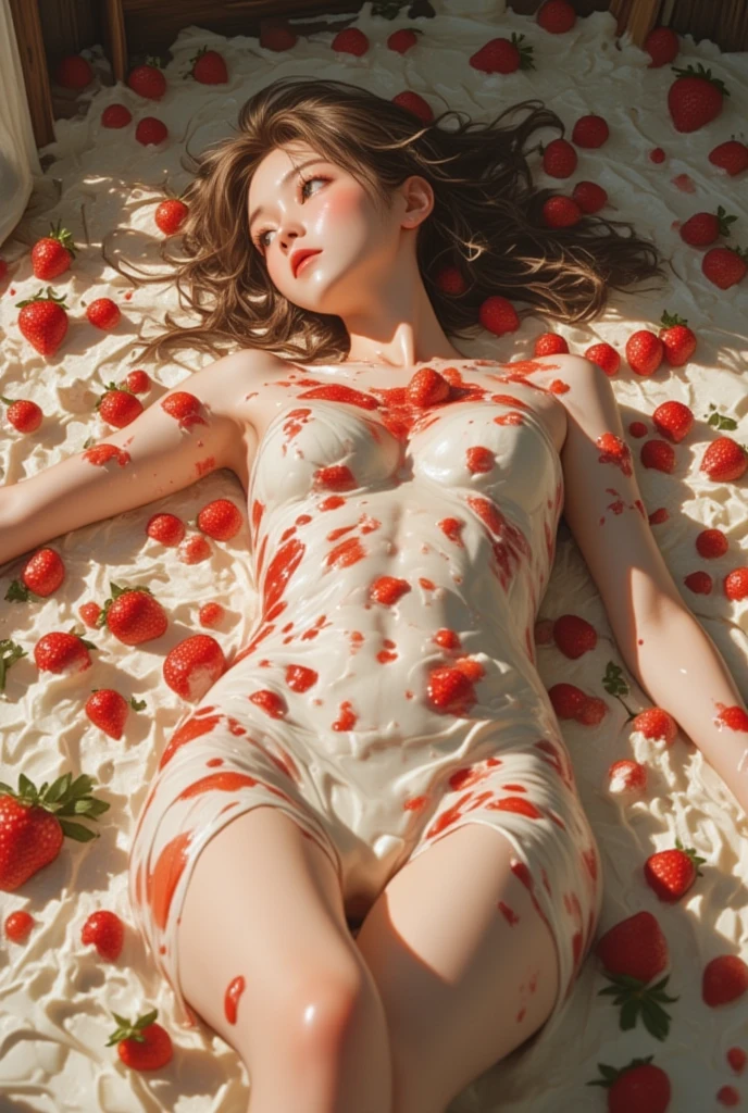 Full Body Portrait:1.4、A top-down shot of a bunny girl lying on a large silver tray:1.5、Lift your thighs and spread your legs wide:1.5、Detailed thighs、Detailed crotch、Decorate with lots of fruit and whipped cream、Casino Background、(Anatomically accurate body structure)、 (Highest quality、4K、8k、High Resolution、masterpiece:1.2)、Super detailed、(Real、Photorealistic、Photorealistic:1.37)、Detailed eyes、Detailed face、gorgeous、elegant、Impression