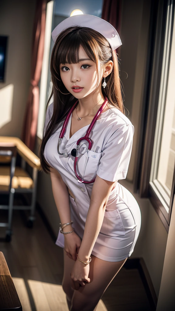 (masterpiece, best quality, detailed), 1girl, solo, looking at viewer, hilda pokemon, high ponytail, long hair, blue eyes, nurse, nurse uniform, white thighhighs, nurse cap, id card, white dress, indoors, library, bookshelf, book, book stack, blush, beautiful detailed eyes