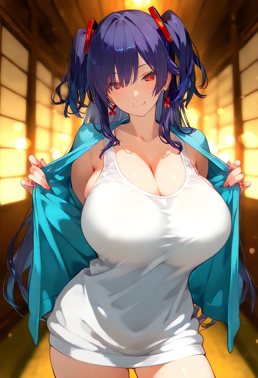 mature women,milf,large breast,beautiful face,long hair, shiny hair, blue eyes,high detailed,black hair, hair over one eye,masterpiece,perfect anatomy,deep cleveage,kimono,fox ears,fox tails,sexy smile,temple night,glasses,