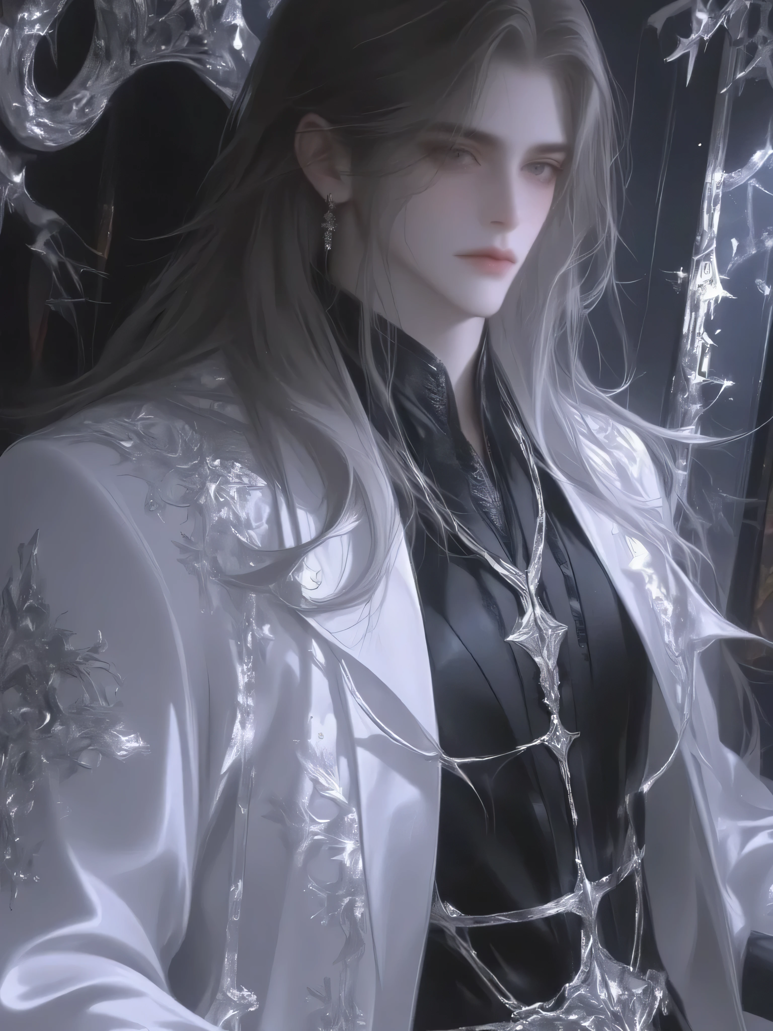 a handsome man with long hair antique black hair,a handsome man with long hair, Ancient brunette in a fairytale blue Hanfu, traditional Chinese clothing , double eyelid,Jewel Eyes