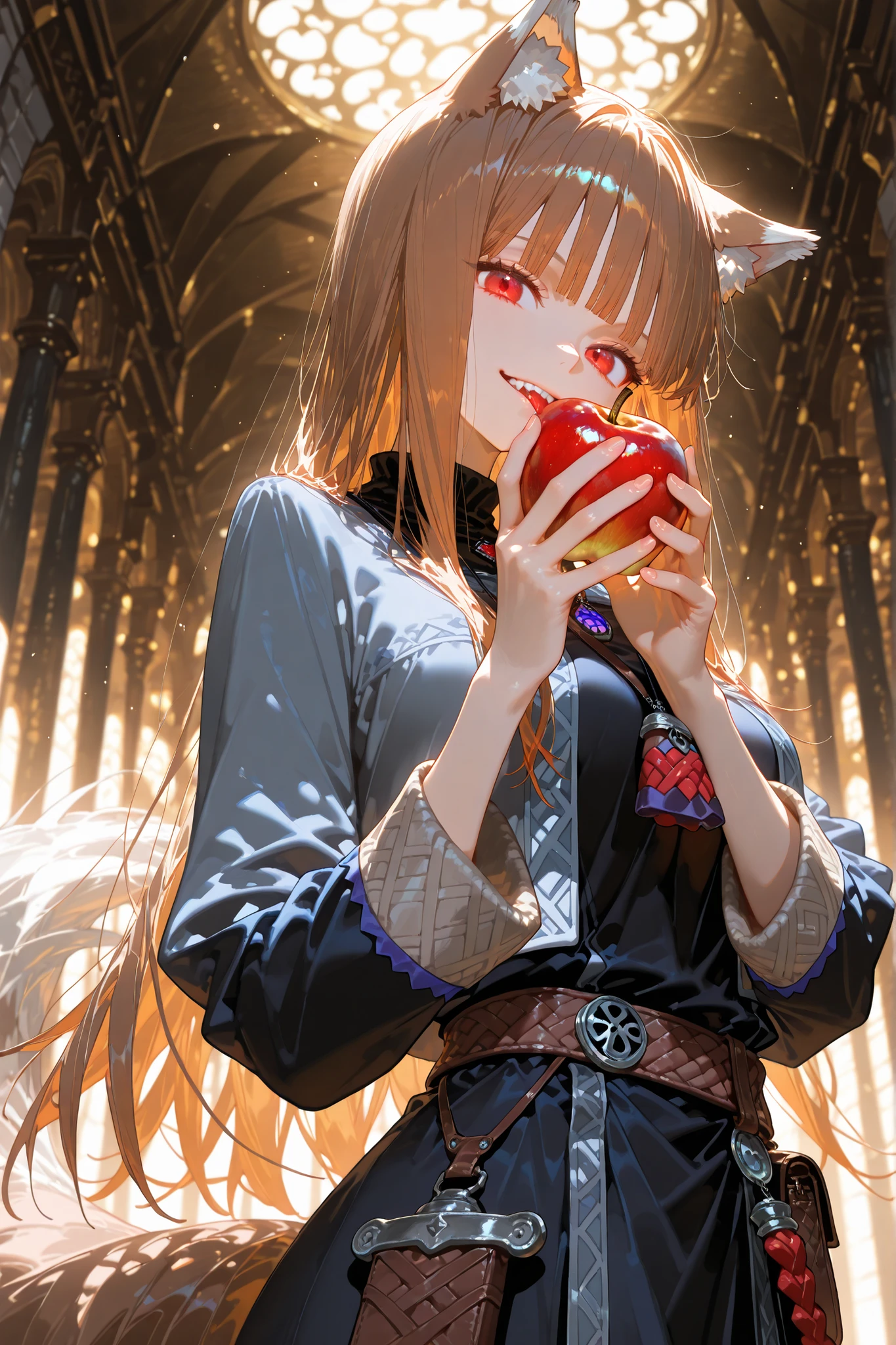 (masterpiece, detailed:1.2),(High CT quality,4k,High resolution,main piece:2.3),Very detailed,Realistic:1.37,Best quality,masterpiece, high resolution,on_body, Tyndall effect,photorealistic, Edge lighting, Two-color lighting,(high definition skin:2.3), (8K UHD, DSLR quality, soft lighting, high quality, surround lighting, sincere, de 8K , 4K, 8K.) Character, Holo, red eyes, bangs, blunt bangs, sidelocks, animal ears, wolf ears, wolf tail, brown hair, long hair. Long medieval  dress, long sleeves, leather vest,belt with purse. She smiles slyly. She holds out an apple. She bite red apple. On the background : blue sky, a farmer's field where golden rye grows.  Cornflowers and daisies are in bloom.