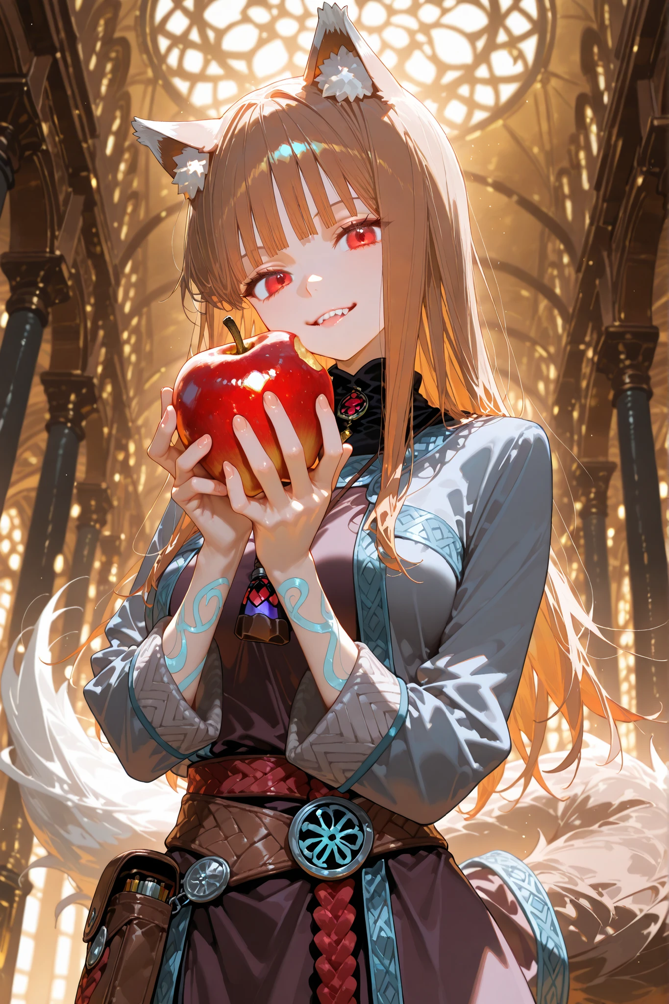 (masterpiece, detailed:1.2),(High CT quality,4k,High resolution,main piece:2.3),Very detailed,Realistic:1.37,Best quality,masterpiece, high resolution,on_body, Tyndall effect,photorealistic, Edge lighting, Two-color lighting,(high definition skin:2.3), (8K UHD, DSLR quality, soft lighting, high quality, surround lighting, sincere, de 8K , 4K, 8K.) Character, Holo, red eyes, bangs, blunt bangs, sidelocks, animal ears, wolf ears, wolf tail, brown hair, long hair. Long medieval  dress, long sleeves, leather vest,belt with purse. She smiles slyly. She holds out an apple. She bite red apple. On the background : blue sky, a farmer's field where golden rye grows.  Cornflowers and daisies are in bloom.