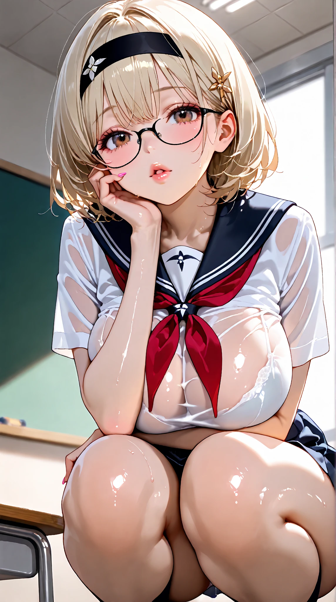 JAV Cover、American、fullnude、Detailed upper body close-up、Blonde Female Teacher、Woman sitting and falling、flat chest、Badly torn shirt、Slender figure、eye glass、Sad look、is crying、Female teacher is attacked by students、Drenched in white liquid、Blue eyes、Top resolution、​masterpiece、Hi-Res、Professional Video Lighting