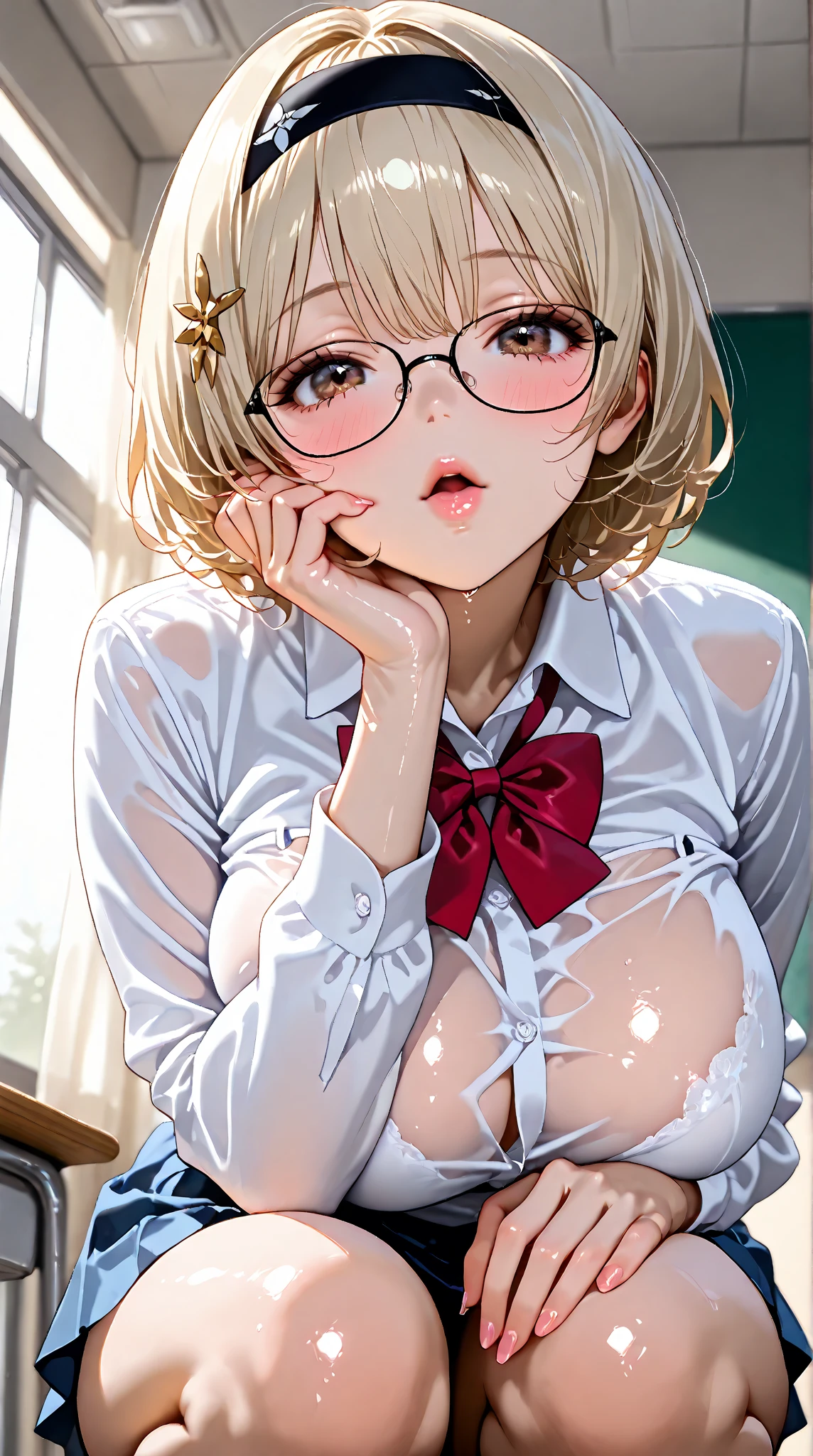 Blonde Shorthair Glasses Shiny white satin blouse black tight skirt stockings (lanyard id card) 50 years old red rouge plump lips round face Plump (eyecontact) hotel room Sweaty and erotic body armpit sweat Beautiful armpits A seducing mature female employee who makes you smell the sweat of her armpits Looking from above upper_body