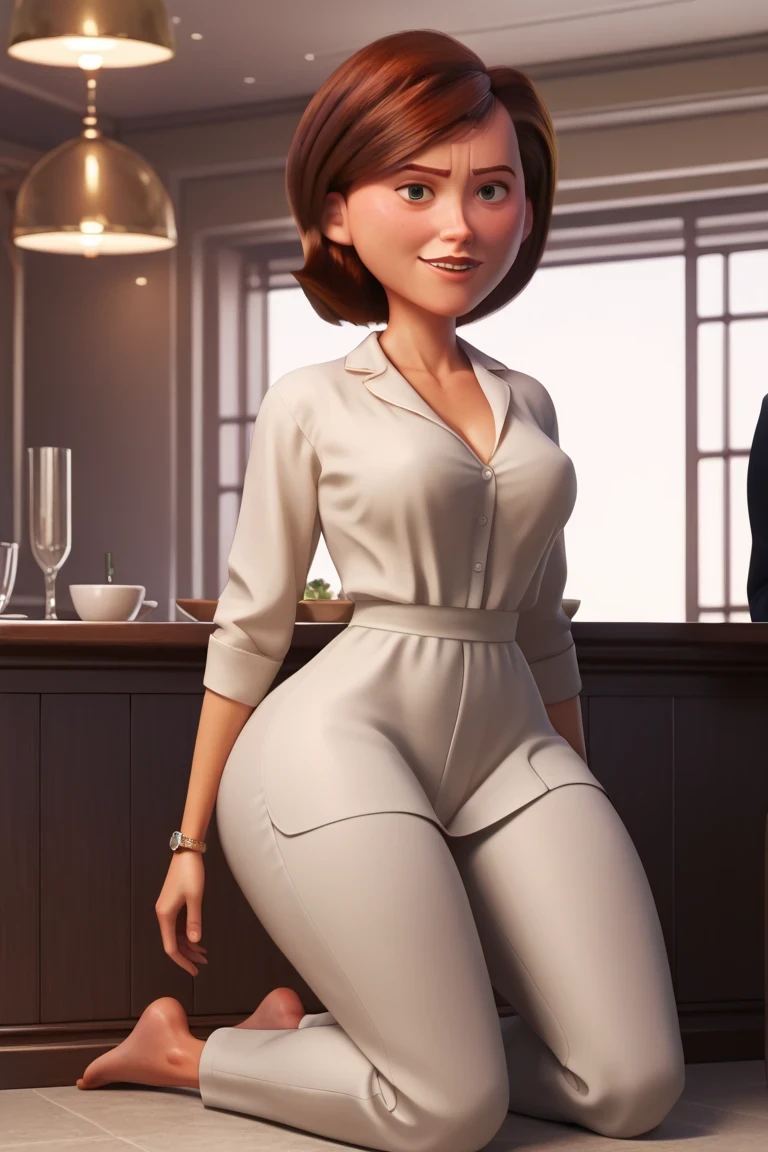 Helena Parr, eyes browns, short brown hair, detailed eyes, in full detail, detailed nose , detailed face, medium breasts, detailed breasts, thin waist, wide hips, BIG ASS, sturdy butt , big thighs, robust thighs, hands with 5 detailed fingers, curvy body, perfect female anatomy,  women's accessories , ((sexy short dress)), An Anatomically Masculine Light-Skinned Man, short blond hair color,  beard on the face , detailed face, detailed eyess, in full detail, detailed muscles,  perfect male anatomy  , Elegant and detailed watch, (( Elegant dress shirt, dress pants)), A couple in an intimate scene, perfect anatomy, detailed body proportions, well-modeled faces, confident facial expressions, hands with 5 detailed fingers, Anatomically correct legs and feet, Detailed clothing and accessories, In a detailed restaurant, detailed table, chairs, detailed utensils and objects, detailed environment, very detailed setting, detailed background, Detailed lighting, detailed shading, animated face, discreet smile, sensuality, without deformation, sem cortes, without artifacts, kneeling, best quality, high resolution, 
