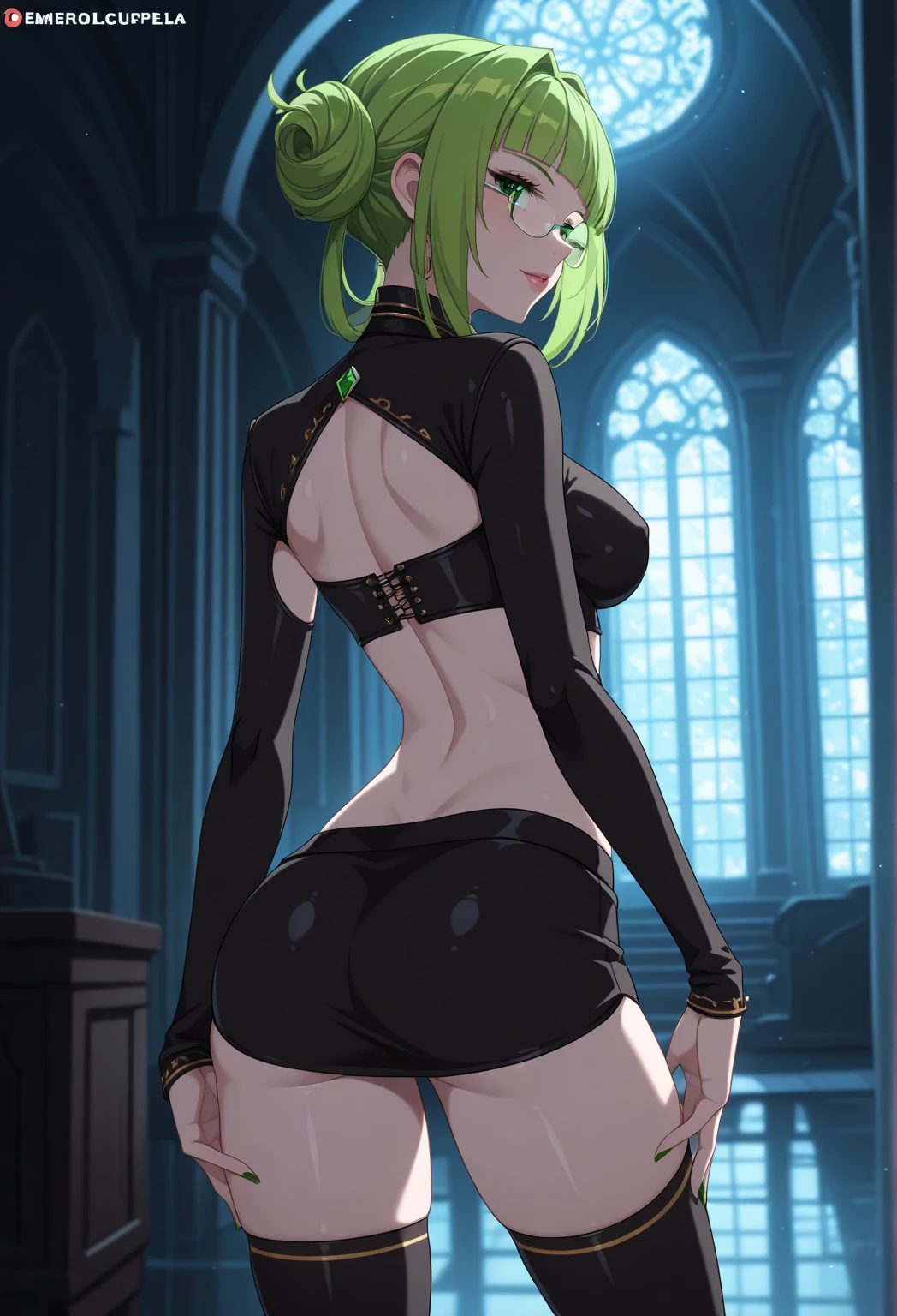 (solo:1.1),(masterpiece), (best quality:1.3), highly detailed, intricate, professional art, digital art, absurdres, confidant, emerald sustrai, futanari emerald sustrai wearing a white and green leotard with arm gloves and pants confidently posing clutching-crotch indoors, (pants:1.6), 1girl, solo, (dark skin:1.4), see through face veil, green hair, bob hair, gold hoop earrings, gold jewellery, ab lines,(gold navel piercing:1.1), detailed stomach, red eye colour, dark skin, average breasts, (aroused:1.2), (futanari:1.1), (wide hips:1.4), (makeup 1:1), beestung lips, (black lipstick:1.3), penis bulge, panty straps riding hips, (crotch bulge:1.4), crotch bulge, testicle bulge , furniture, fontal view, universal lighting,