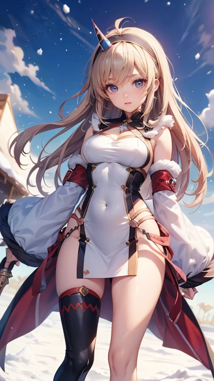 top-quality、Top image quality、​masterpiece、teens girl((Red Santa Costume、santa style short skirt、santa style tank top、sixteen years old、teen ager、Best Bust、big bast,Beautiful light blue eyes、Breasts wide open, a blond、A slender,Large valleys、dye one's cheeks red、Leaning forward、White breath、Reflecting the whole body、Cross your arms、Laugh、sit a chair)),hiquality、Beautiful Art、Background with((Classroom at evening、snowflakes falling、Heavy snow falls、snowman、ice tower model)))、masutepiece、depth of fields,