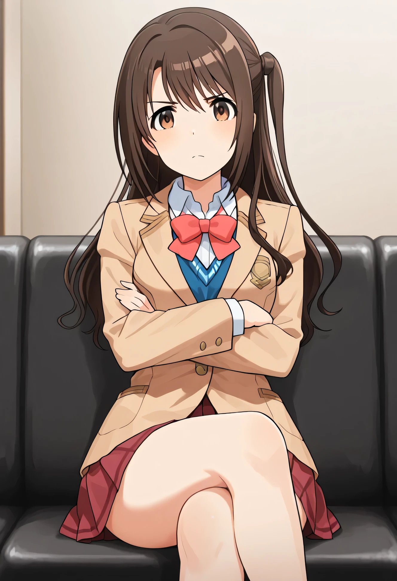 An image of Shimamura Suzuki, brown eyes, brown hair, long hair, one side up, school uniform, red bow tie , brown blazer , red pleated skirt. Posing standing in a room , erotic body , Sitting with arms crossed and legs crossed