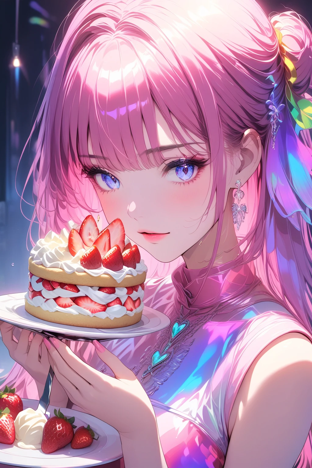 an oil painting portrait of a queen eating a (an epic donut: 1.3), an exotic exquisite beautiful queen, dynamic hair color, wavy hair, dynamic eyes color,  intense eyes, wearing glamour silk dress, intricate detailed dress, dynamic color dress, dynamic style dress, wearing diamond crown ((eating  a large donut: 1.3)),  (cherries: 1.1), (whipped cream: 1.1), (chocolate bar: 1.1)  fantasy pastry shop background,  vibrant, Ultra-high resolution, High Contrast, (masterpiece:1.5), highest quality, Best aesthetics), best details, best quality, highres, 16k, [ultra detailed], masterpiece, best quality, (extremely detailed) RAW, (ultra details, Masterpiece, best quality),   , Intense gaze, blood, Cinematic Hollywood Film
