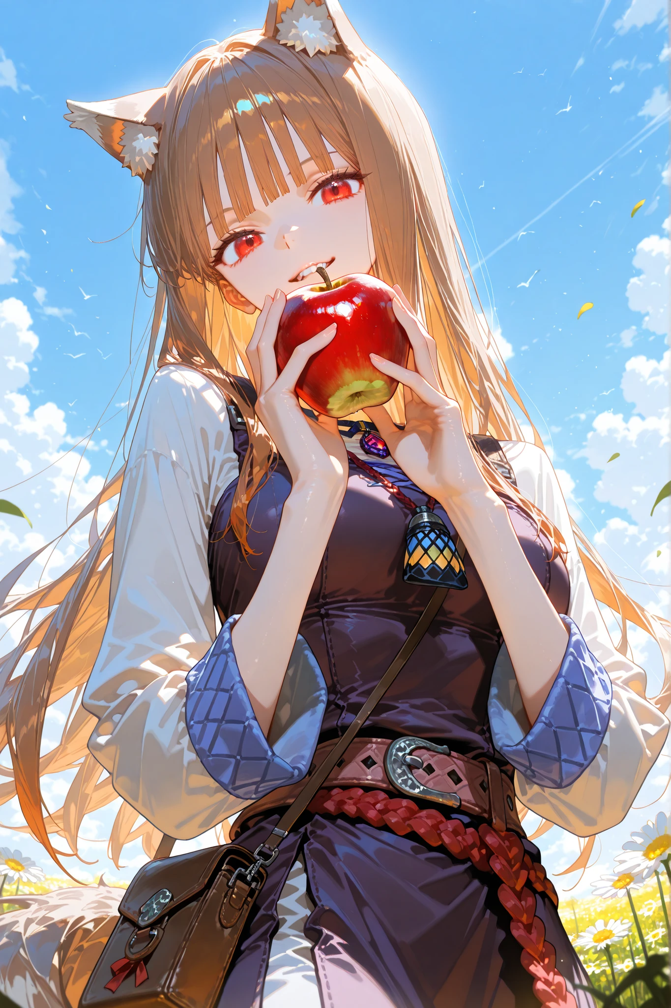 (masterpiece, detailed:1.2),(High CT quality,4k,High resolution,main piece:2.3),Very detailed,Realistic:1.37,Best quality,masterpiece, high resolution,on_body, Tyndall effect,photorealistic, Edge lighting, Two-color lighting,(high definition skin:2.3), (8K UHD, DSLR quality, soft lighting, high quality, surround lighting, sincere, de 8K , 4K, 8K.) Character, Holo, red eyes, bangs, blunt bangs, sidelocks, animal ears, wolf ears, wolf tail, brown hair, long hair. Long medieval  dress, long sleeves, leather vest,belt with purse. She smiles slyly. She holds out an apple. She bite red apple. On the background : blue sky, a farmer's field where golden rye grows.  Cornflowers and daisies are in bloom.