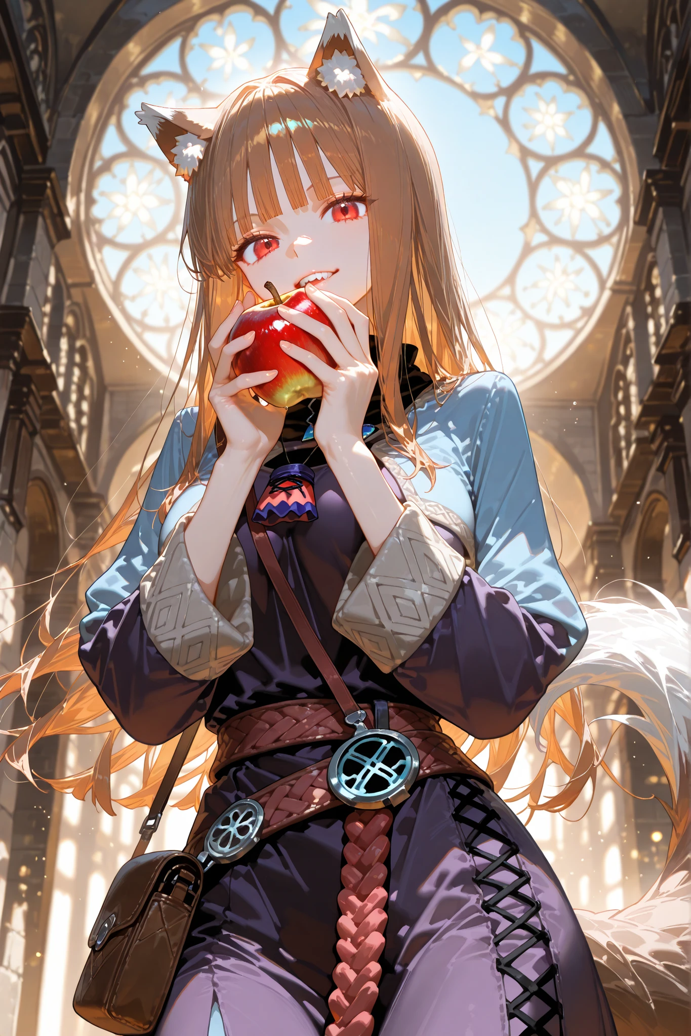 (masterpiece, detailed:1.2),(High CT quality,4k,High resolution,main piece:2.3),Very detailed,Realistic:1.37,Best quality,masterpiece, high resolution,on_body, Tyndall effect,photorealistic, Edge lighting, Two-color lighting,(high definition skin:2.3), (8K UHD, DSLR quality, soft lighting, high quality, surround lighting, sincere, de 8K , 4K, 8K.) Character, Holo, red eyes, bangs, blunt bangs, sidelocks, animal ears, wolf ears, wolf tail, brown hair, long hair. Long medieval  dress, long sleeves, leather vest,belt with purse. She smiles slyly. She holds out an apple. She bite red apple. On the background : blue sky, a farmer's field where golden rye grows.  Cornflowers and daisies are in bloom.