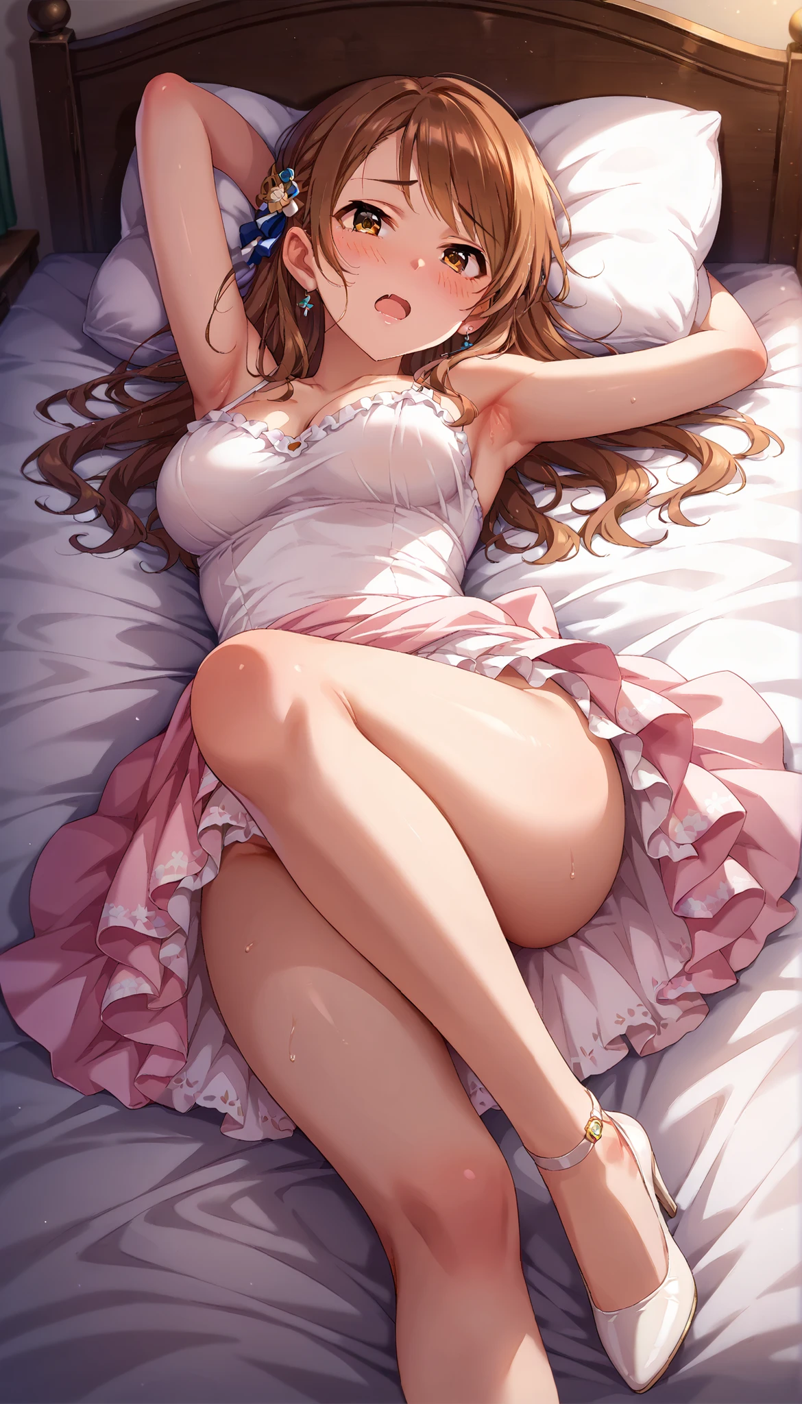 beautiful illustrations, highest quality, pretty girl, 1girl, Bedroom, pastel colour, (two-separated lingerie), reddish brown long hair, headband, cute lingerie, bright lighting