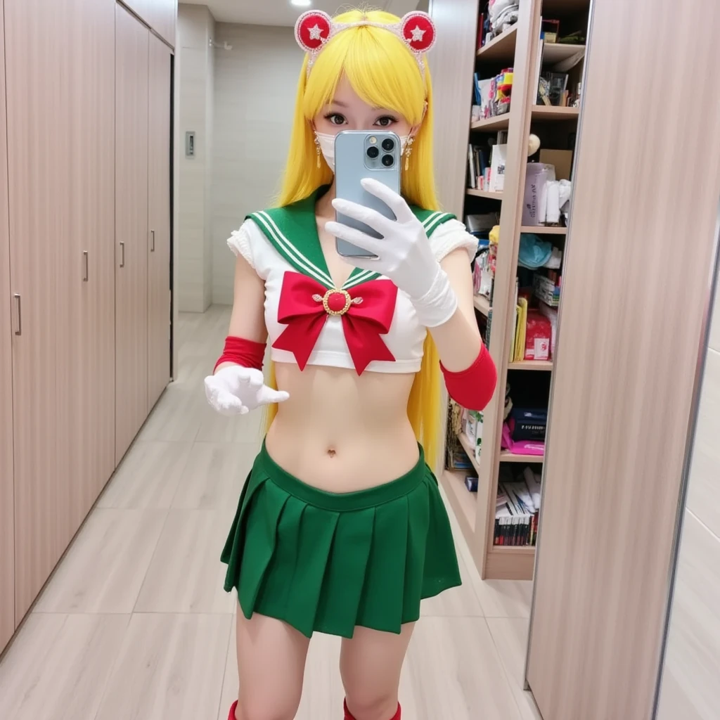 (disable censorship), (realistic photo), (masterpiece), cute chinese girl wearing christmas elf outfit, blond hair, wearing green top, wearing green skirt, wearing red white striped socks, seductive, sitting on bed, spreading legs, bedroom