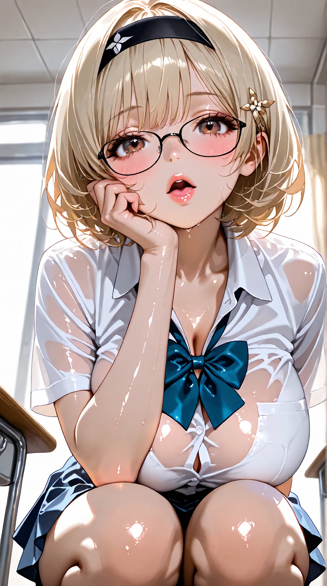 1 female,golden hair,25 years old,(((blue shiny micro tight skirt)))((white tank top))(((blush、open mouth smile)),(((straight hair))),(((portrait))),crowd,,((wet with sweat))(sexy black bra and see-through tank top)(Glasses)(((small breasts)))