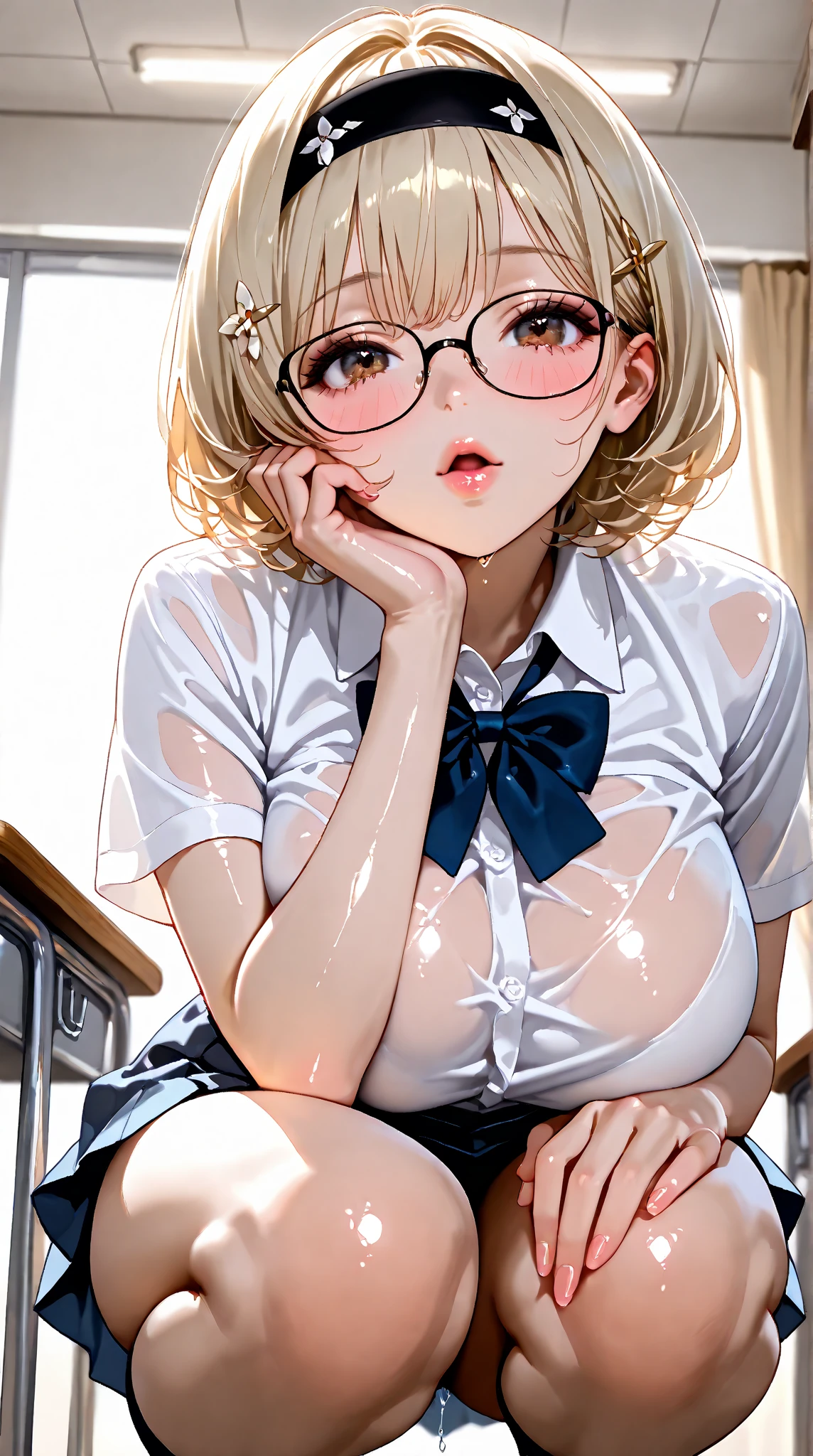 Blonde Shorthair　Glasses　Shiny white satin long sleeve blouse　(lanyard id card)　　red rouge plump lips　round face　Plump dark office　full of sweat　armpit sweat　Beautiful armpits　(A cheeky female secretary seduces me by bringing her smelly armpits close to my face)　Looking from below　　(upper_body close-up)　Portrait　breast enhancement