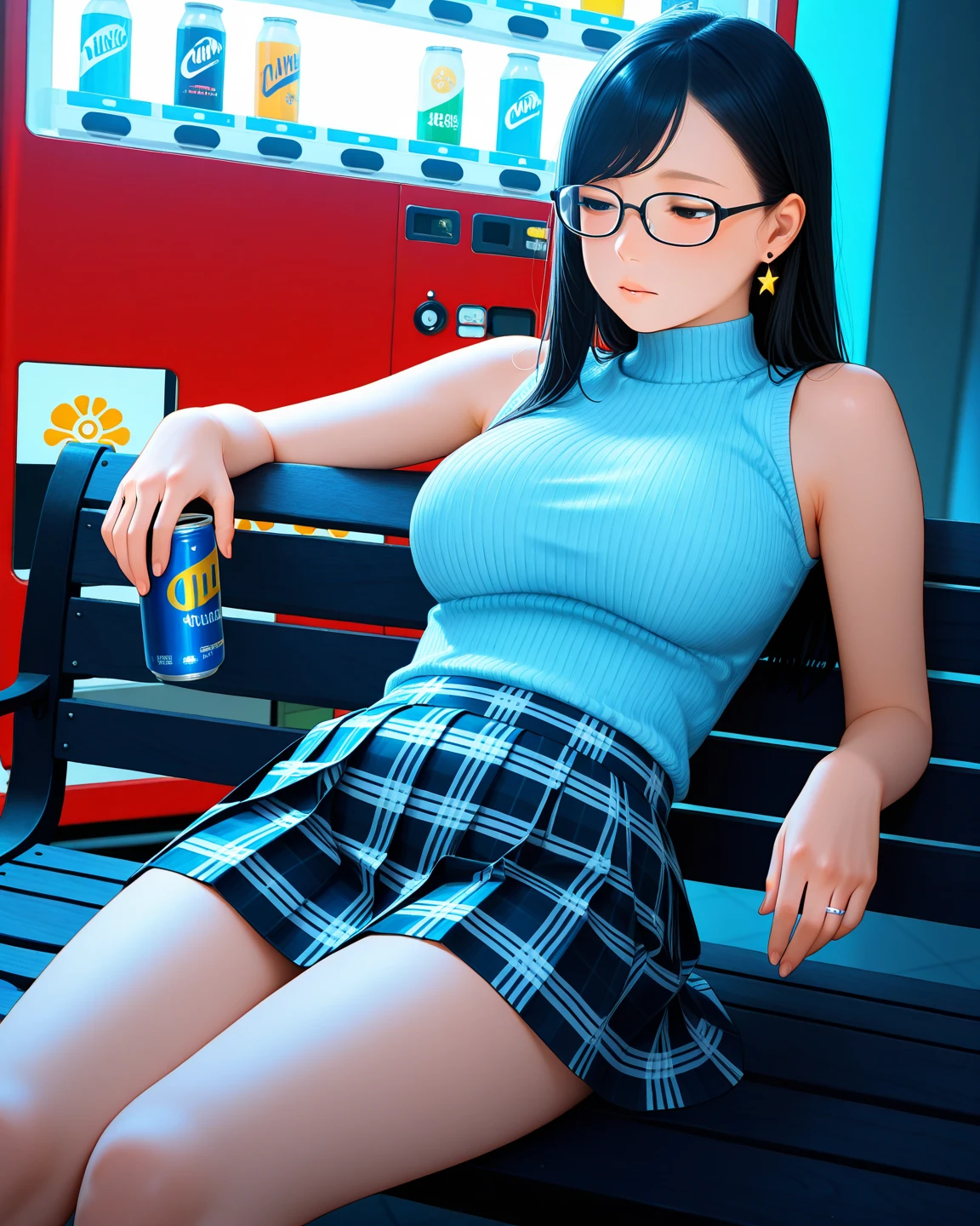 young Korean woman with sandy hair, beautiful Korean face, tanned skin of a dark, bronze hue, huge chest, dressed in an open military jacket with rolled up sleeves, no underwear, yellow glasses on her head, pussy visible through white tight shorts and panties, sitting on the roof of a warehouse with ammunition, against the backdrop of a forest and bright sun, next to there is a bulletproof vest and a SCAR machine gun,