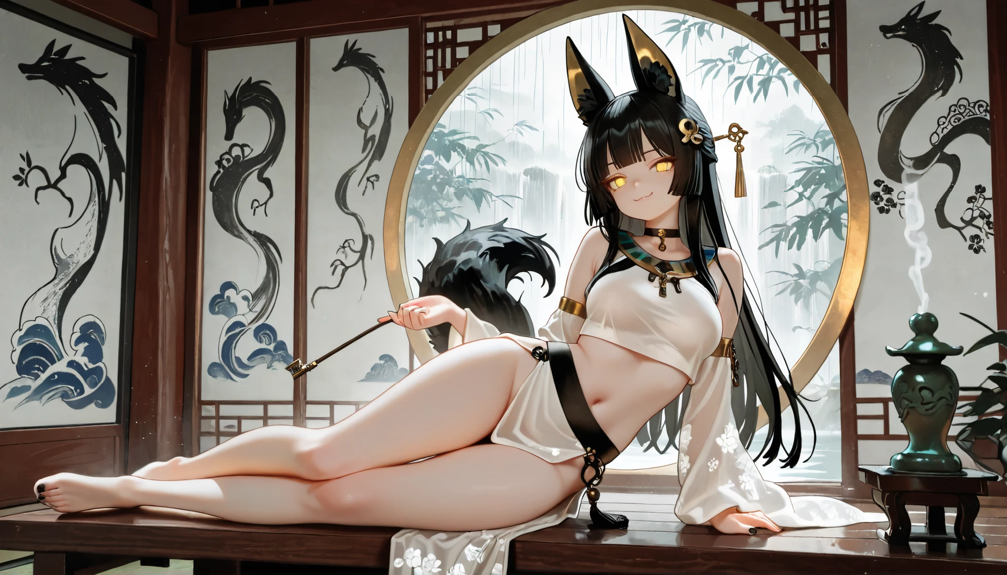 Fox girl 18 years old dark blue fur with water, naked, tribal with feather decorations, normal bust, defined curves, golden bracelets, gold thigh rings, crystal in the head, mystical espscial background, gives off an aura of energy, Cum in pussy, doggy style add_detail:1