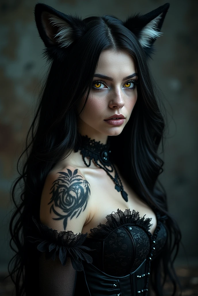 Gothic girl with scary eyes、Long black hair、Black Queen Image,Red lipstick、Wide open chest、Tattoo on the breast