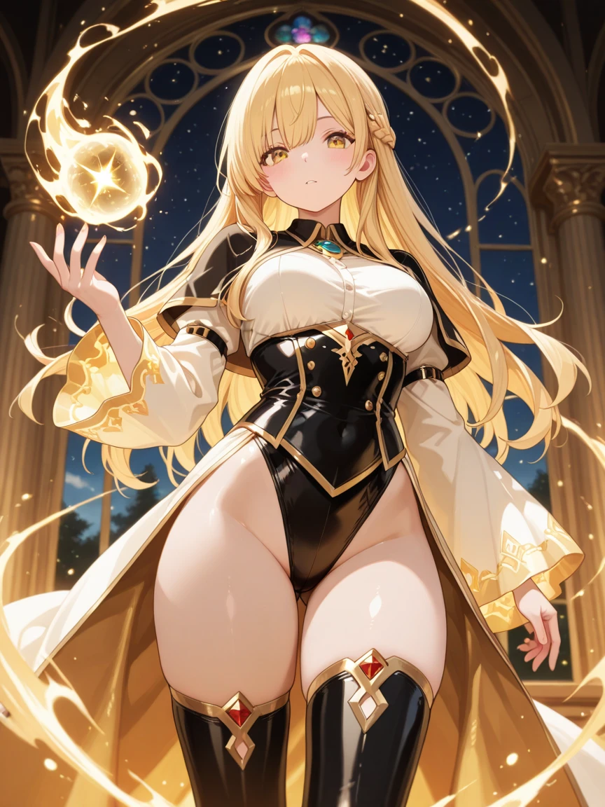 goldの騎士。crusader。An illustration。girl。gold。Big Breasts。Fantasy。Exposed。Light clothing。White skin。mini skirt。Big Breasts。Showing her panties。With legs apart。Fresnel。The hair is transparent with light。Thick thighs。Big Ass。Angle from below。Facing forward with legs apart。