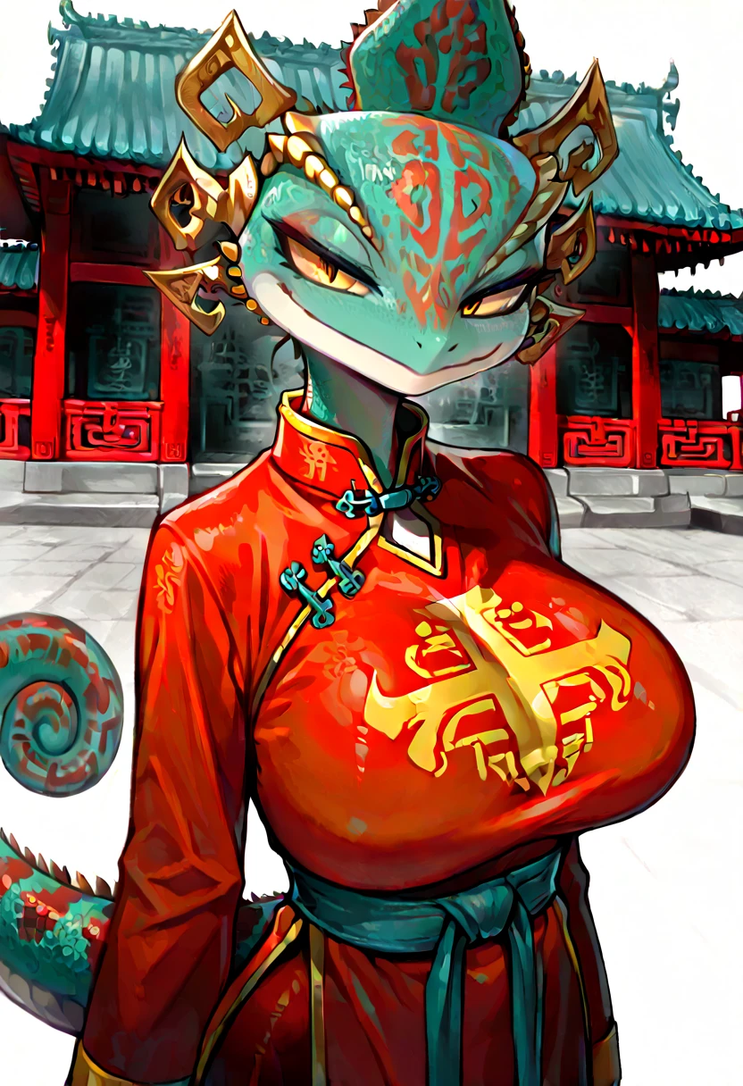 front view, best quality,  wide shot, 

From top, beautiful perfect glowing eyes, clean face, eyes rolled back, solo, furry, anthro, detailed hair, chineese hairstyle, ponytail hairstyle, (detailed fur), (two-tone, detailed skin, Scaly skin, Dragon scale skin, Black snd Golden skin, detailed scalealanced coloring), chineese national dress, cute dress, fit body, gorgeous body, hourglass body, shiny body, scaly, animal nose, muzzle, attractive body, seductive look, thick thighs, Blushing Happy, 
fantasy ((detailed background)), ((high-angle view)), (half body shadow), (shaded), Fantasy Art, male POV, top POV, detailed image, detailed face, majestic flawless face,

[by Alex Timmermans:by jaynaylor:0.25],
detailed background, detailed foreground, depth of field, ambient silhouette, backlighting,

