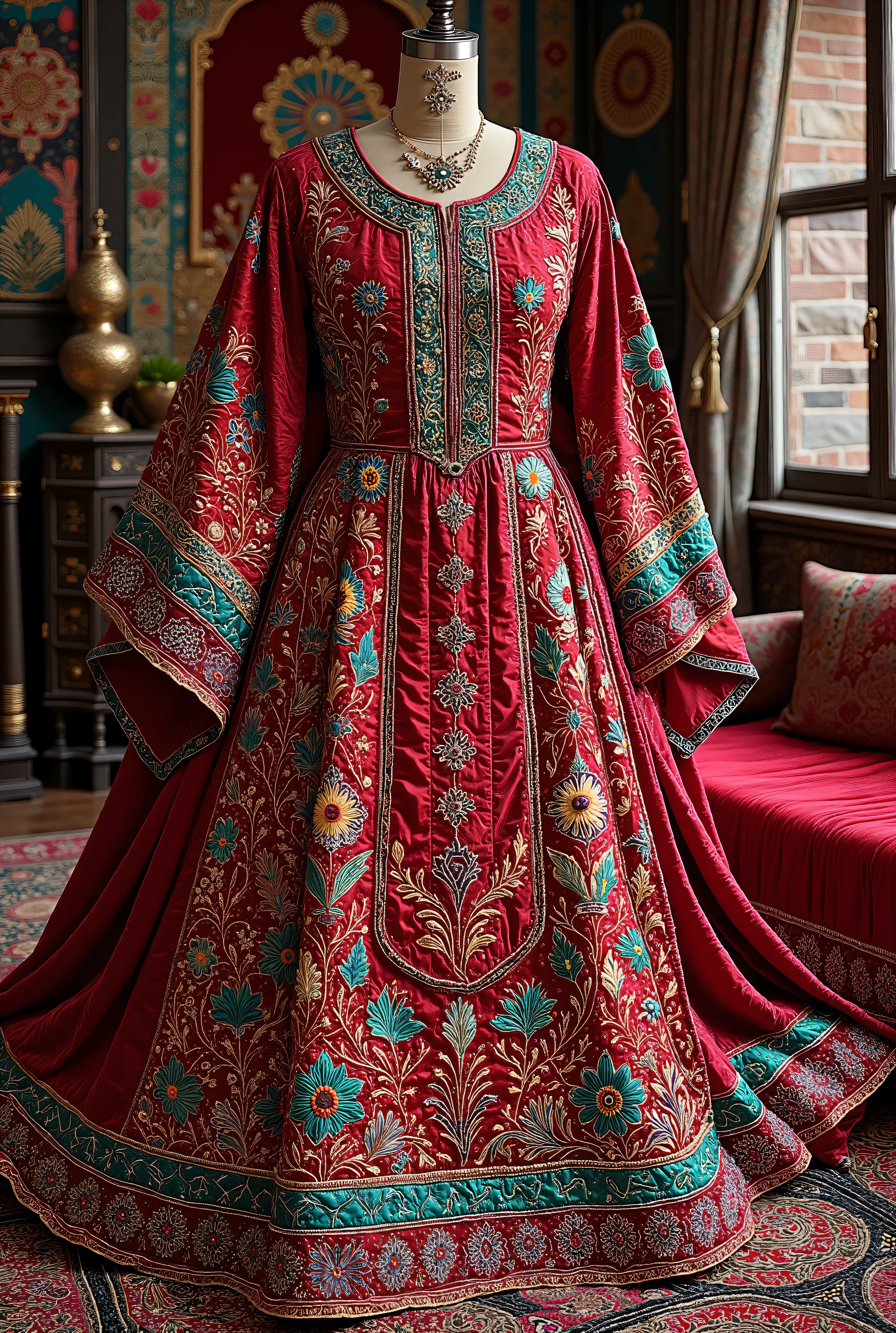 “A highly detailed, traditional Afghan Kochi dress for women, vibrant red and turquoise colors, hand-embroidered floral and geometric patterns, mirror work, flowing skirt, long sleeves, head scarf, photographed in soft daylight, on a mannequin or laying flat, realistic fabric texture, 8K resolution, culturally authentic