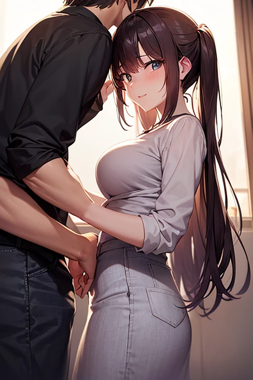 best quality, 1girl, 1boy, sex, implied sex, sex from behind, doggystyle, penis, sweat, trembling, blush, medium breast, red hair, orange hair, blue eyes, open shirt, white legwear, clothed sex, clothed girl nude boy,<lora:Doggyv0.2:0.9>