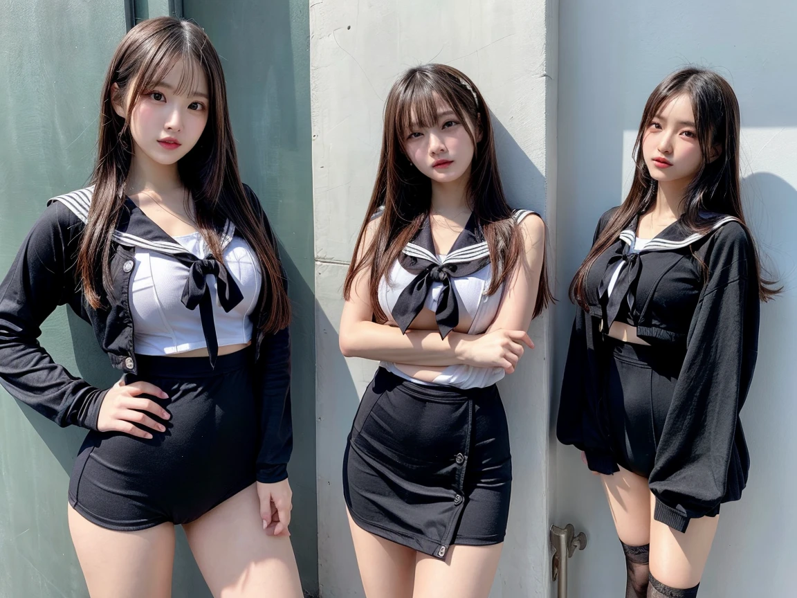 The three girls, tied hands, hands hanged, chained, hands raised above their heads, pained expressions, thighs, no panties