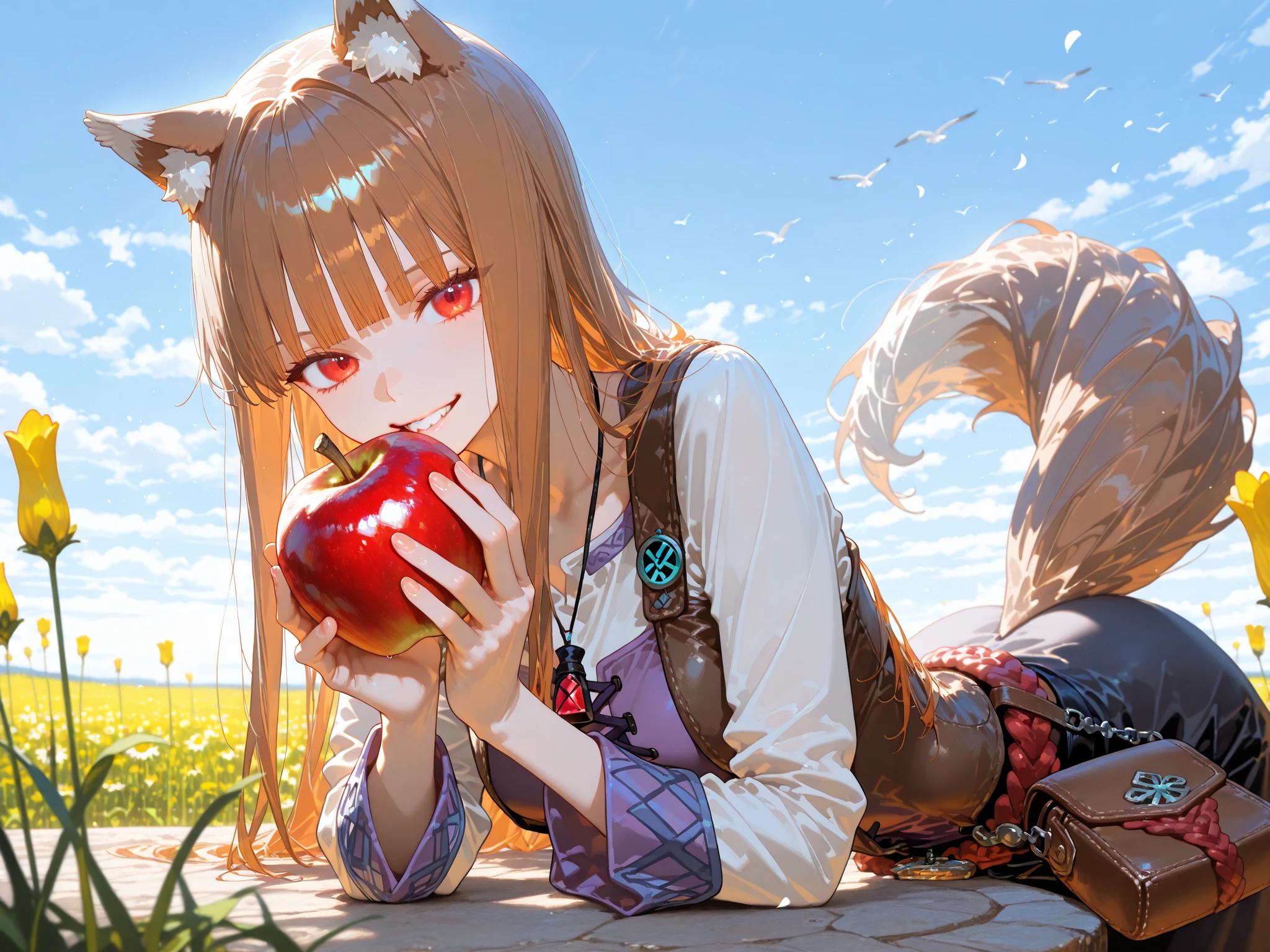 (masterpiece, detailed:1.2),(High CT quality,4k,High resolution,main piece:2.3),Very detailed,Realistic:1.37,Best quality,masterpiece, high resolution,on_body, Tyndall effect,photorealistic, Edge lighting, Two-color lighting,(high definition skin:2.3), (8K UHD, DSLR quality, soft lighting, high quality, surround lighting, sincere, de 8K , 4K, 8K.) Character, Holo, red eyes, bangs, blunt bangs, sidelocks, animal ears, wolf ears, wolf tail, brown hair, long hair. Long medieval  dress, long sleeves, leather vest,belt with purse. She smiles slyly. She holds out an apple. She bite red apple. On the background : blue sky, a farmer's field where golden rye grows.  Cornflowers and daisies are in bloom.