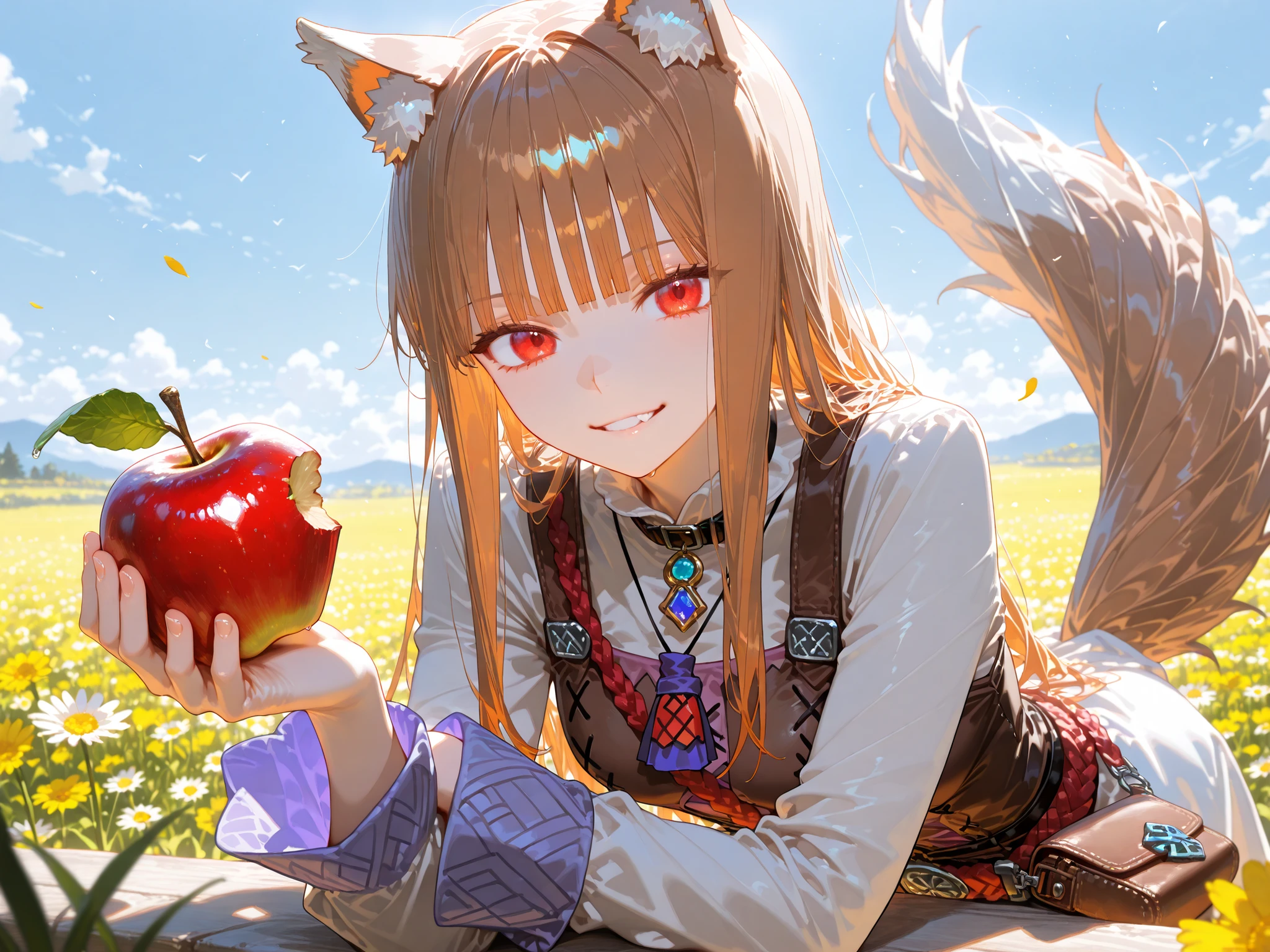 (masterpiece, detailed:1.2),(High CT quality,4k,High resolution,main piece:2.3),Very detailed,Realistic:1.37,Best quality,masterpiece, high resolution,on_body, Tyndall effect,photorealistic, Edge lighting, Two-color lighting,(high definition skin:2.3), (8K UHD, DSLR quality, soft lighting, high quality, surround lighting, sincere, de 8K , 4K, 8K.) Character, Holo, red eyes, bangs, blunt bangs, sidelocks, animal ears, wolf ears, wolf tail, brown hair, long hair. Long medieval  dress, long sleeves, leather vest,belt with purse. She smiles slyly. She holds out an apple. She bite red apple. On the background : blue sky, a farmer's field where golden rye grows.  Cornflowers and daisies are in bloom.
