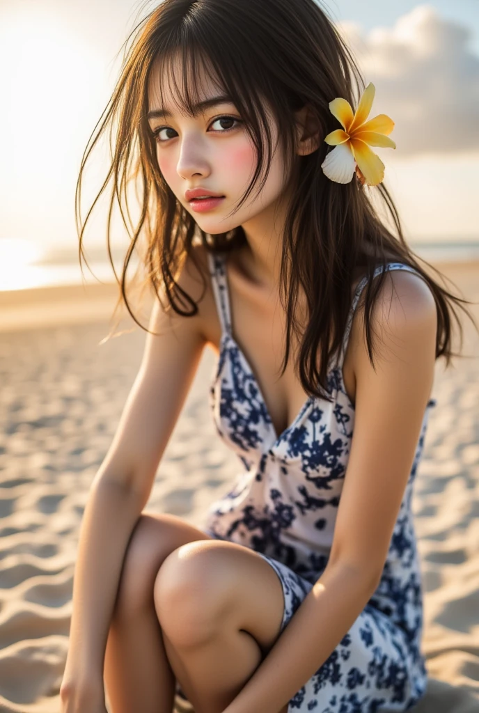 Beautiful, young Japanese teen, black hair, brightly smiling, wearing red floral string bikini, posing in the style of a Russell James picture, walking on a tropical beach at sunrise, (picture emphasizes her innocence), perfect lighting, (extreme detail), (8k), (wallpaper)