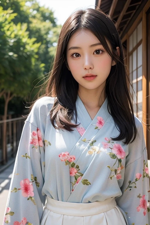 (table top, highest quality:1.4), beautiful face, 8k, 85mm, absurd, (floral pattern yukata:1.4), Upper body, expose one's chest、 violaces, gardenia, delicate girl, alone, break、contrast、whole body、grin、break、brown hair color long straight hair 、cosmetics 、big breasts,break、see-through white Y-shirt:1.2、 break、Lace-up skirt、break、((drenched, soaking wet, dripping water, Wet all over, Wet 、))、 break、beach、outdoors、 blue sky