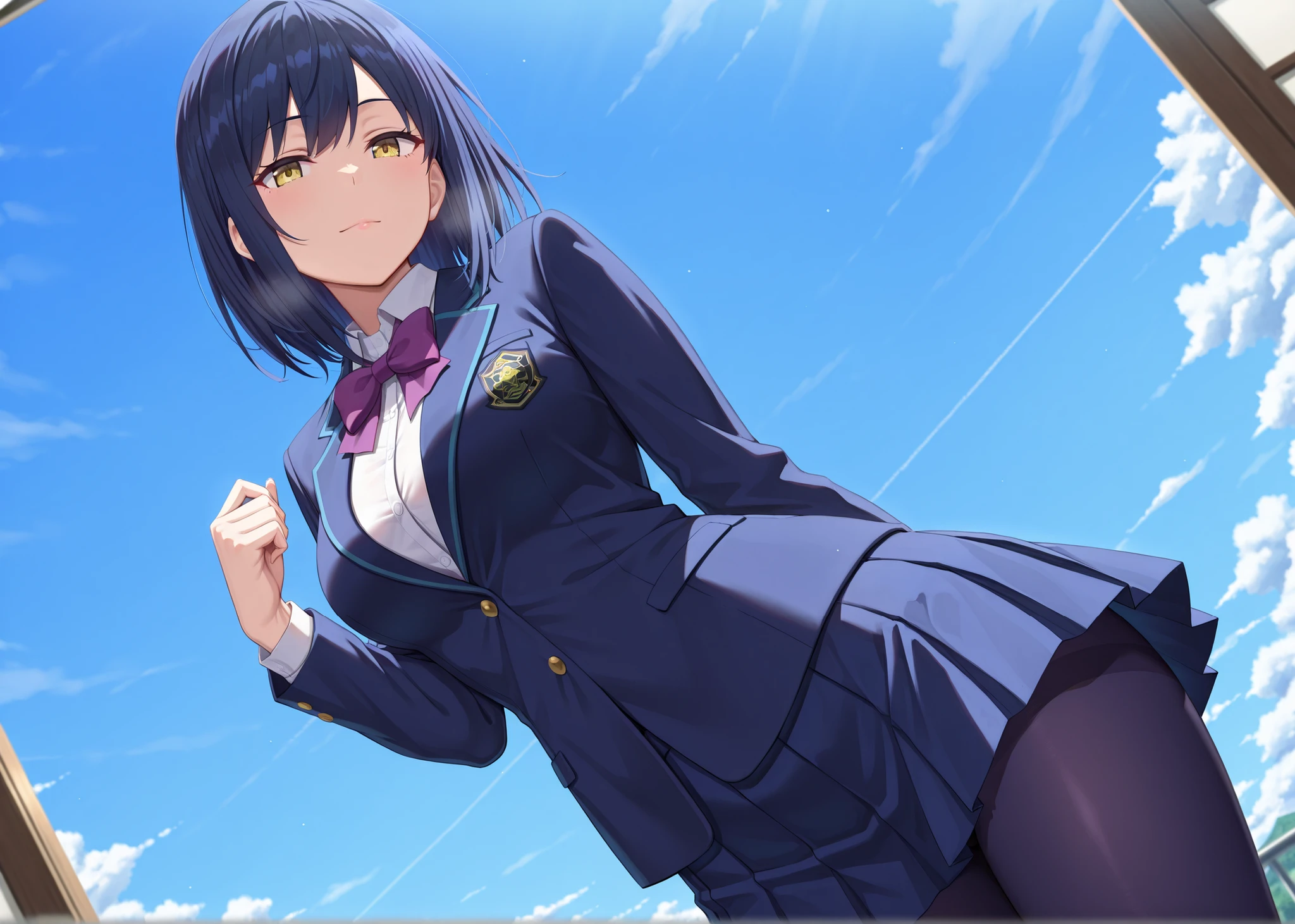 solo,masterpiece,best quality, amazing quality, highres, absurdres, very aesthetic, high resolution, ultra detailed, perfect details,nijirin,medium breasts,yellow eyes,blue hair,black hair,moles,medium hair,nijirincos,white shirt,collared shirt,purple bowtie,blazer jacket,blue jacket,closed jacket,blue skirt,miniskirt,pleated skirt,dark blue pantyhose,(masterpiece, detailed:1.2)、look at viewer,mature female,anime screencap,