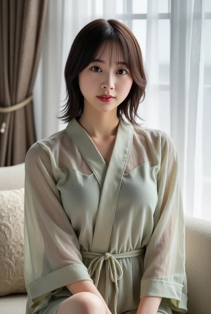 ((Top Quality, 16K, Masterpiece: 1.3)), 1 Beauty: 1.3, (Body Type: Slender Shoulders: 1.4, C Cup Breasts: 1.1, Slender Abs: 1.2), (Black Medium Straight Hair), (Face: Ultra Detailed Face and Skin Texture, Detailed Eyes, Double Eyelids, Detailed Blue Eyes), Pale Green Bathrobe: 1.3, (Location: Indoors, Room Corridor), Full Body, Crisp Focus: 1.1, Light Smile