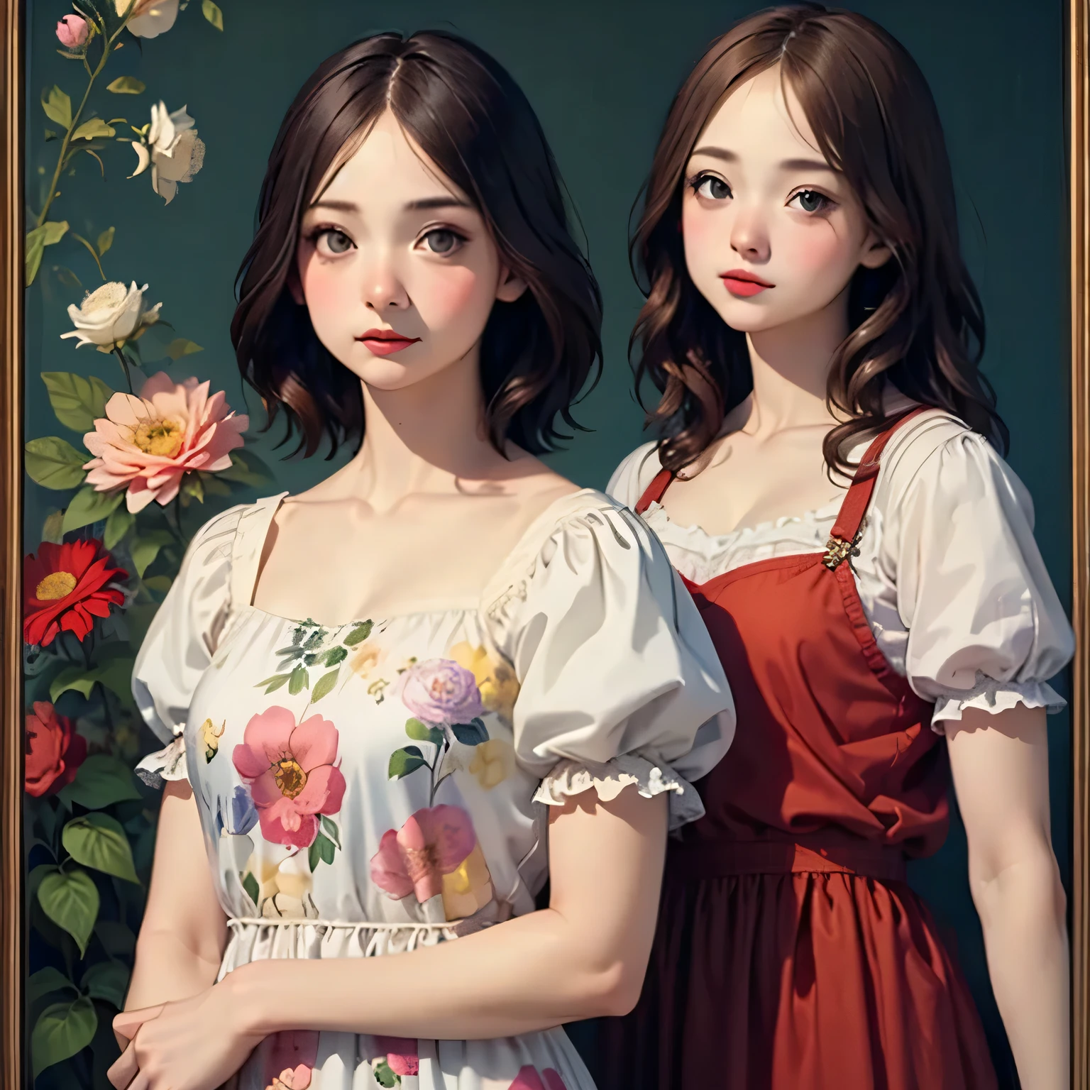 394 ((young woman)),(short hair),(Neat hair),(floral dress),(Leonardo da Vinci style paintings)