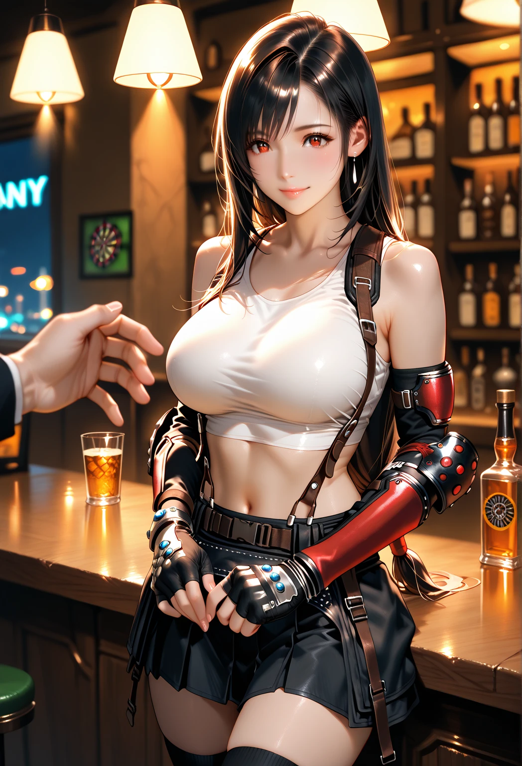 (best quality, masterpiece, official art, highres:1.2), extremely detailed CG unity 8k wallpaper, photo realistic, ultra detailed, (illustration), one sexy 20 years old girl, tifa lockhart, nsfw, black hair, long hair, smile, perfect face, red eyes, (huge breasts, cleavage:1.4), navel, (mini skirt, black stockings:1.1), black gloves, looking at viewer, cyberpunk, bar, cowboy shot, <lora:tifa_v2.3:0.75>