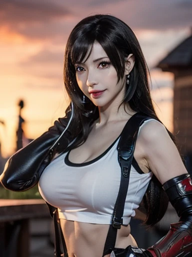 (Reality: 1.4), top quality, delicate and beautiful, high resolution, 1 Girl, Tifa_Lockhart, whole body,Smile, Cowboy shooting, Suspenders, Low level, mini skirt, Vest, Tight shirt, Black Hair, Long hair, Elbow gloves, Beautiful red eyes, navel, High exposure, Abdominal exposure, rib cage, Abdominal muscles, (big breasts、Cleavage), thighs,Perfect body,sexy poses, Dynamic Angle,view from top,Lift the skirt in your hand, night