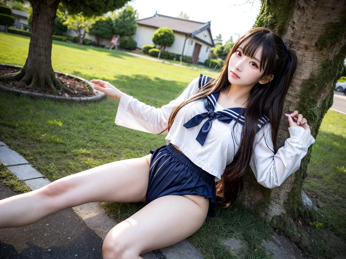 Insanely beautiful 15-year-old seductive woman with Japan、small head、long hair with wet black hair、a sailor suit、Bare legged、Dark blue pleated skirt、slenderbody、Stream in the forest、pubick hair、clean detailed faces、kindly smile、Look at viewers、beautidful eyes、hightquality、high detailing、high-detail、Luminous Studio graphics engine、unrealengine5、masuter piece、Sitting in the creek、Deep groove in the crotch、Red sheer panties、 (((pantyshot)))、(((Spread your legs apart)))、
